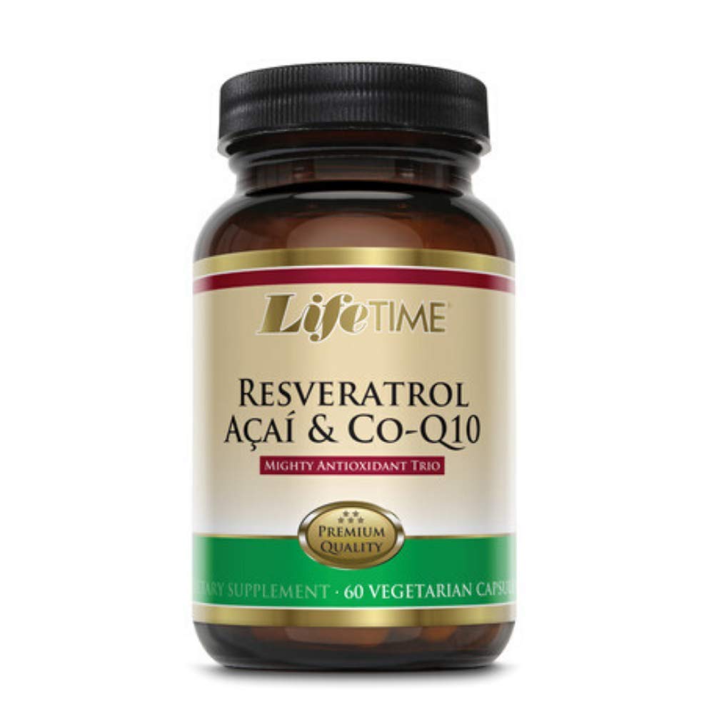 LIFETIME Resveratrol Acai CoQ10 en cápsulas veganas, botella cristal, apoyo antioxidante diario.