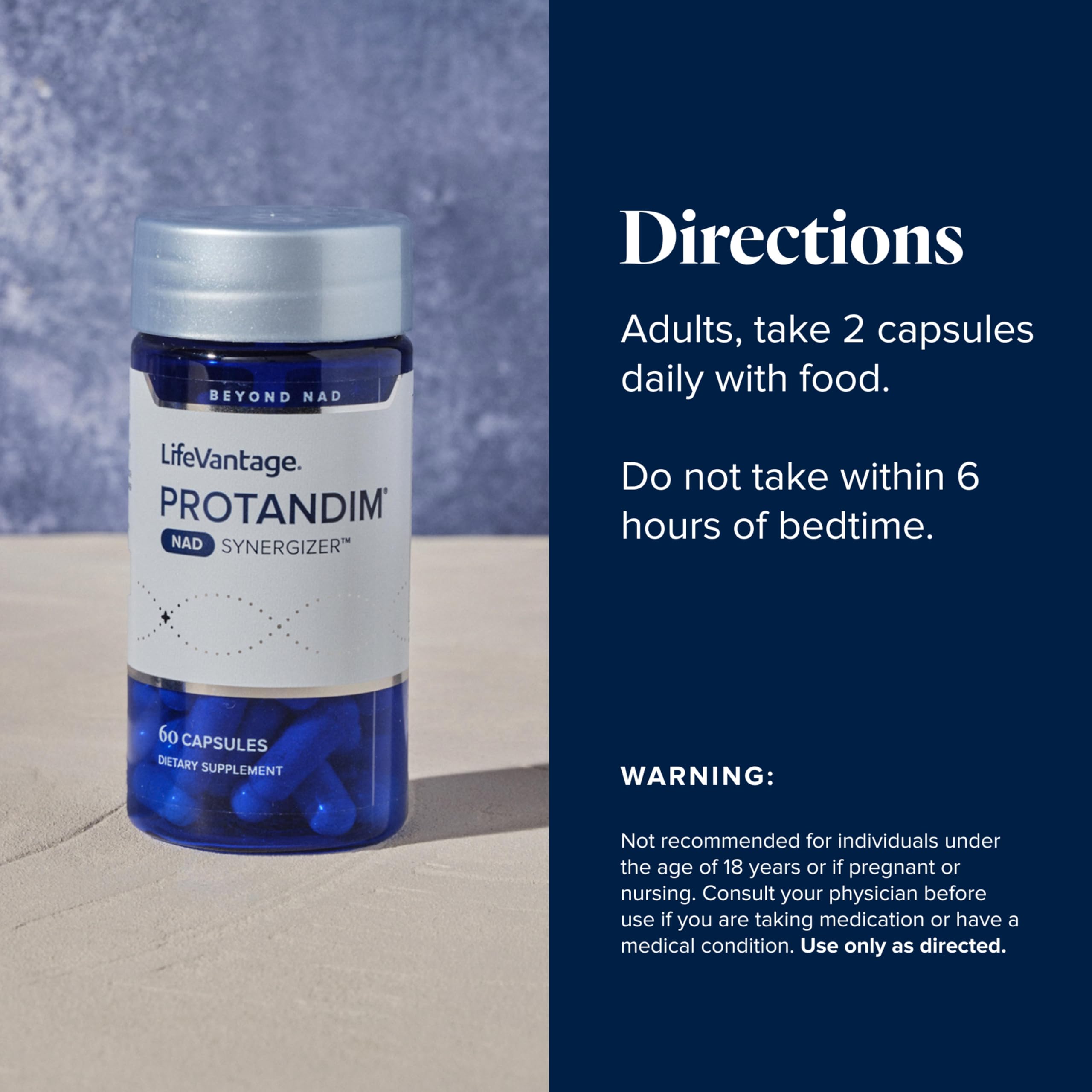 LifeVantage Protandim NAD Synergizer cápsulas en manos, energía y claridad mental