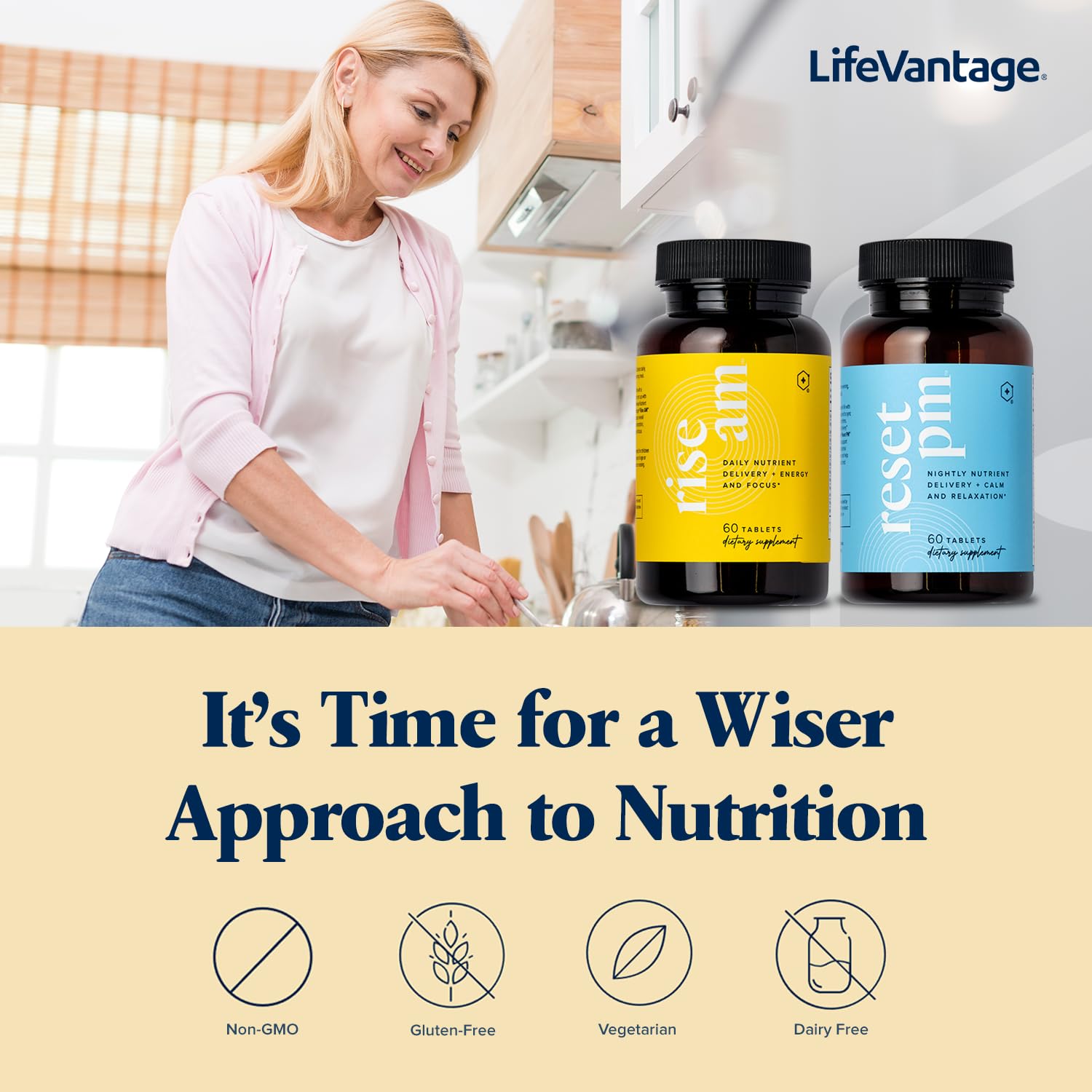 LifeVantage Rise AM en mano como parte de un ritual matutino