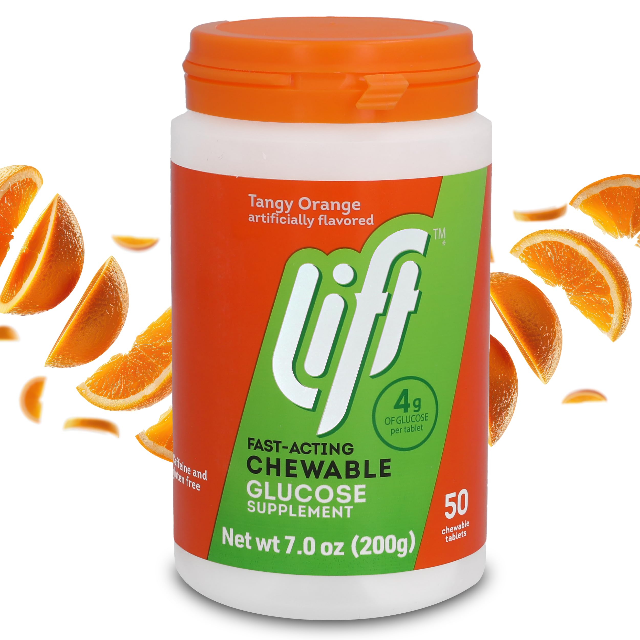 Lift glucosa tabletas naranjas en tarro, energía rápida para entrenar