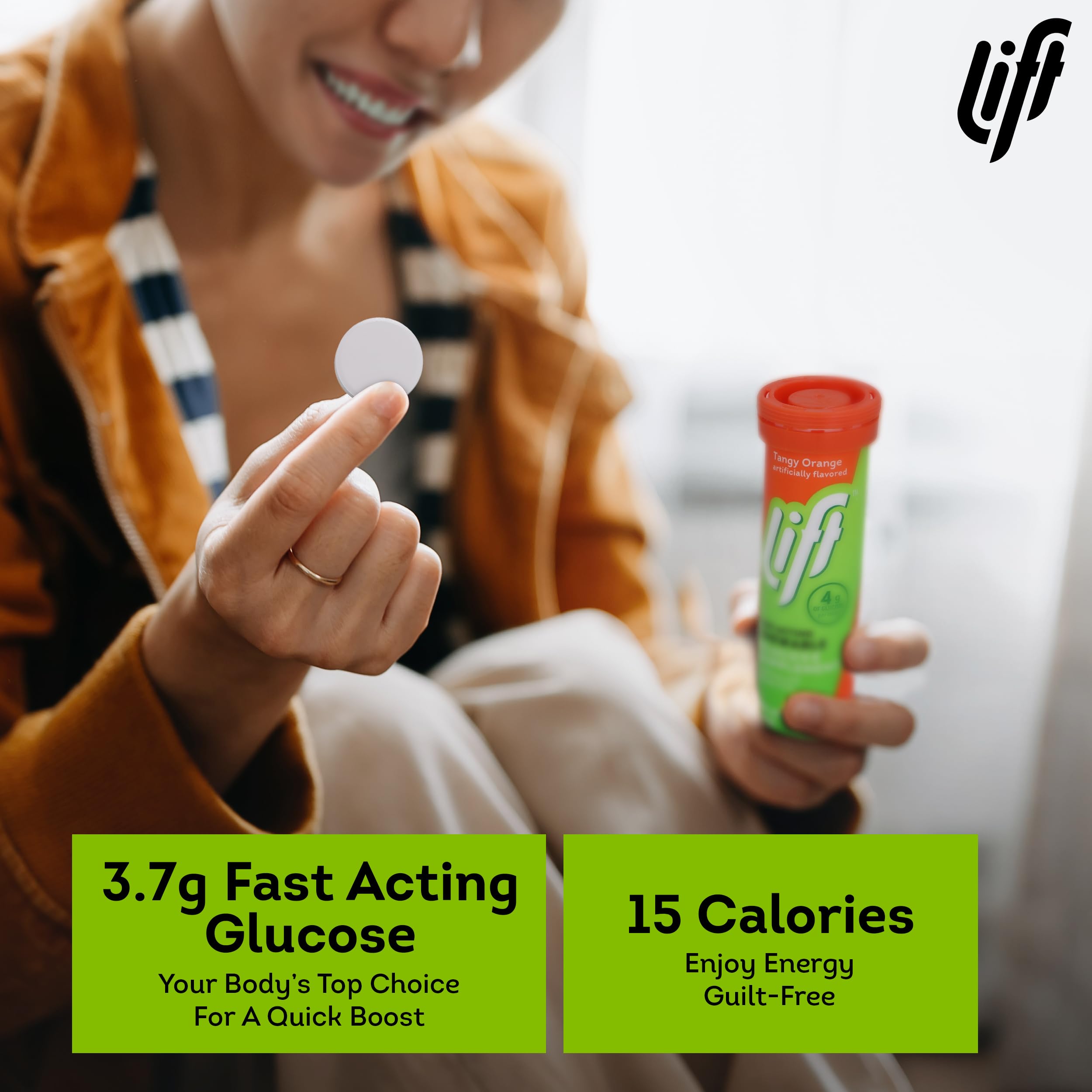 Lift Glucose tabletas naranja textura suave, sabor agradable durante el ejercicio