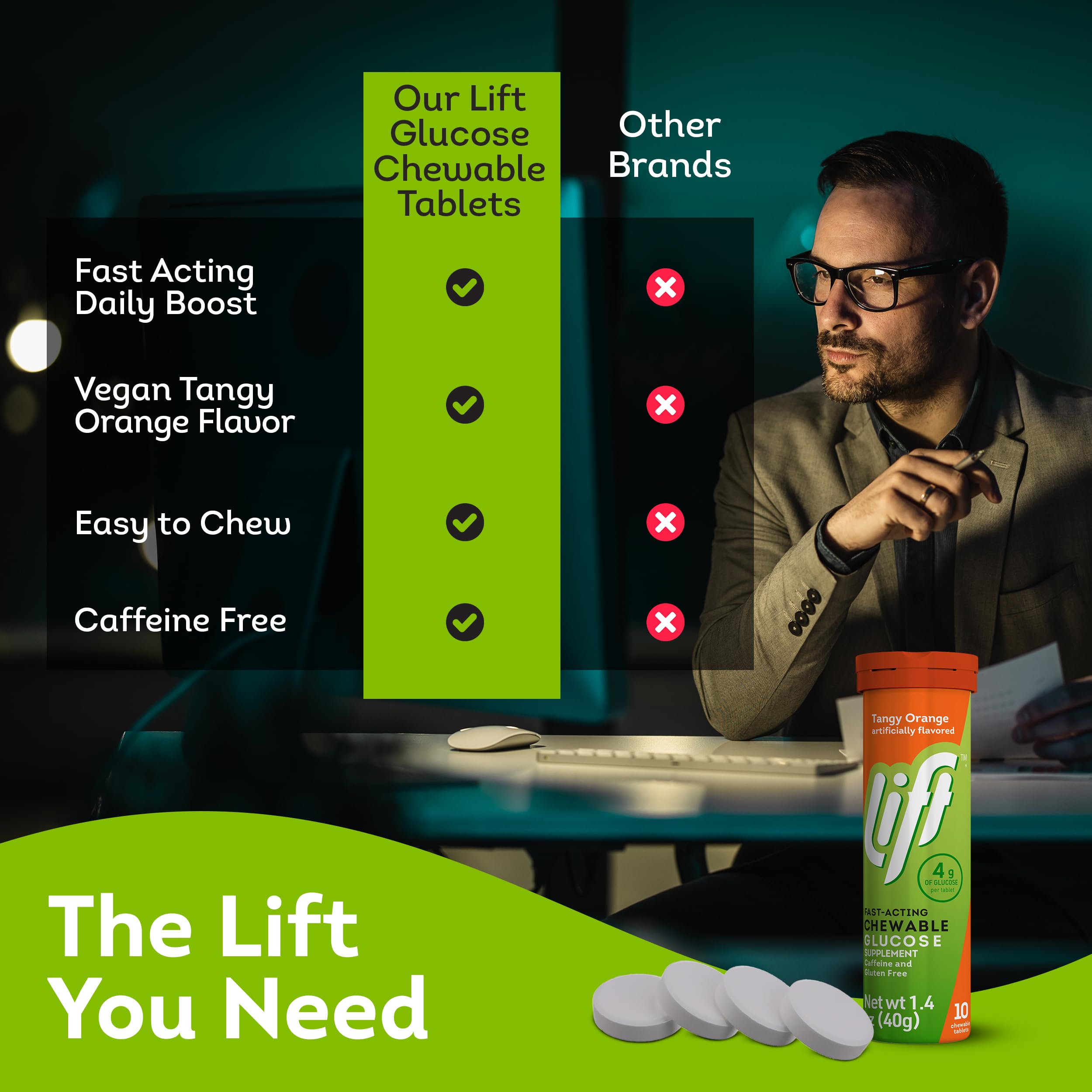 Lift Glucose sin cafeína ni gluten, opción ligera para energía