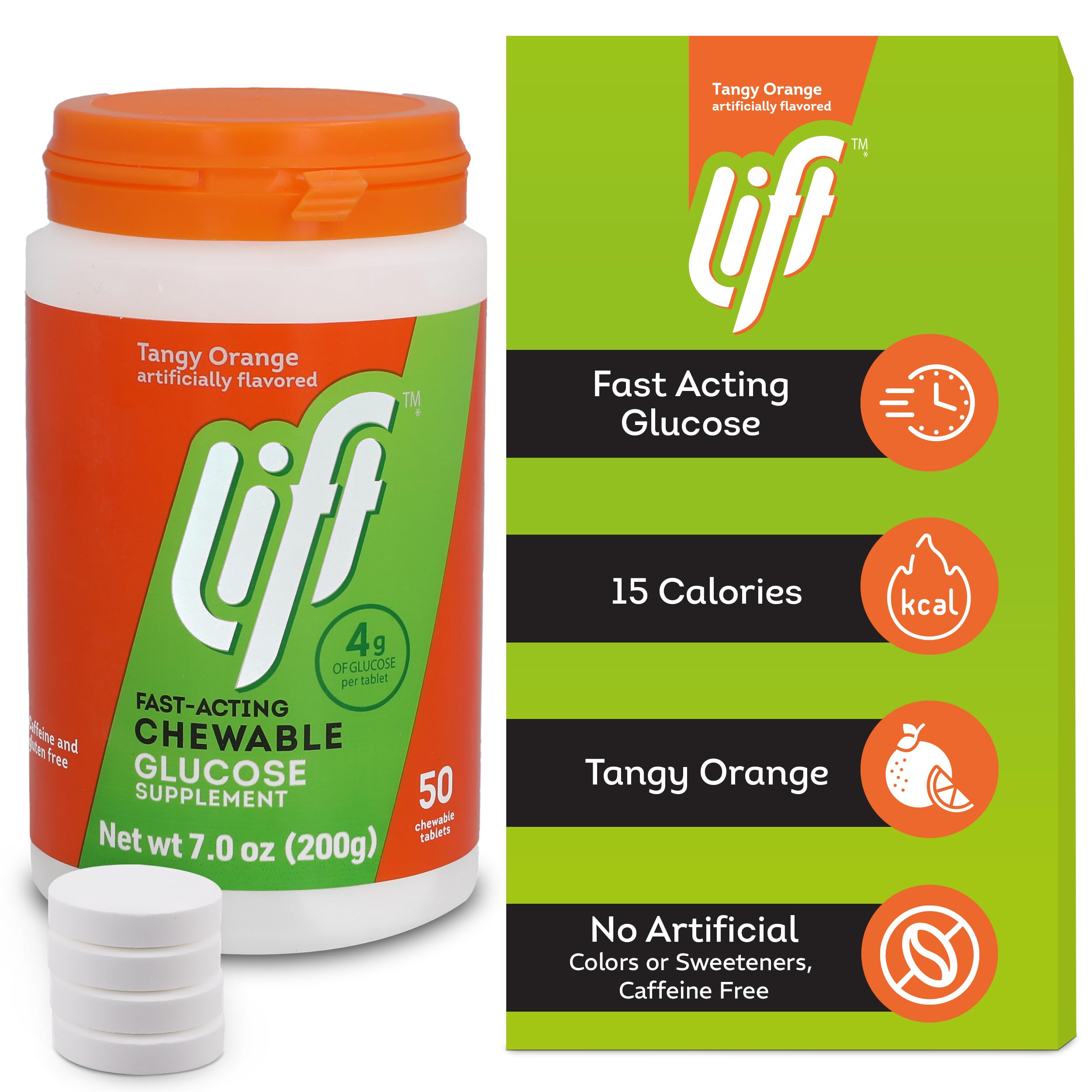 Lift tabletas glucosa naranjas, formato práctico para uso diario