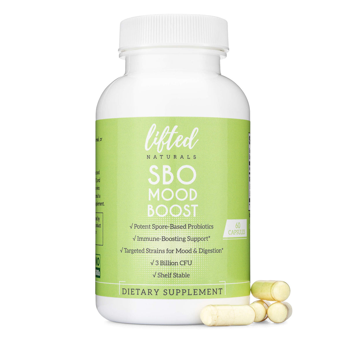 Lifted Naturals SBO Mood Boost cápsulas: soporte digestivo y bienestar general.