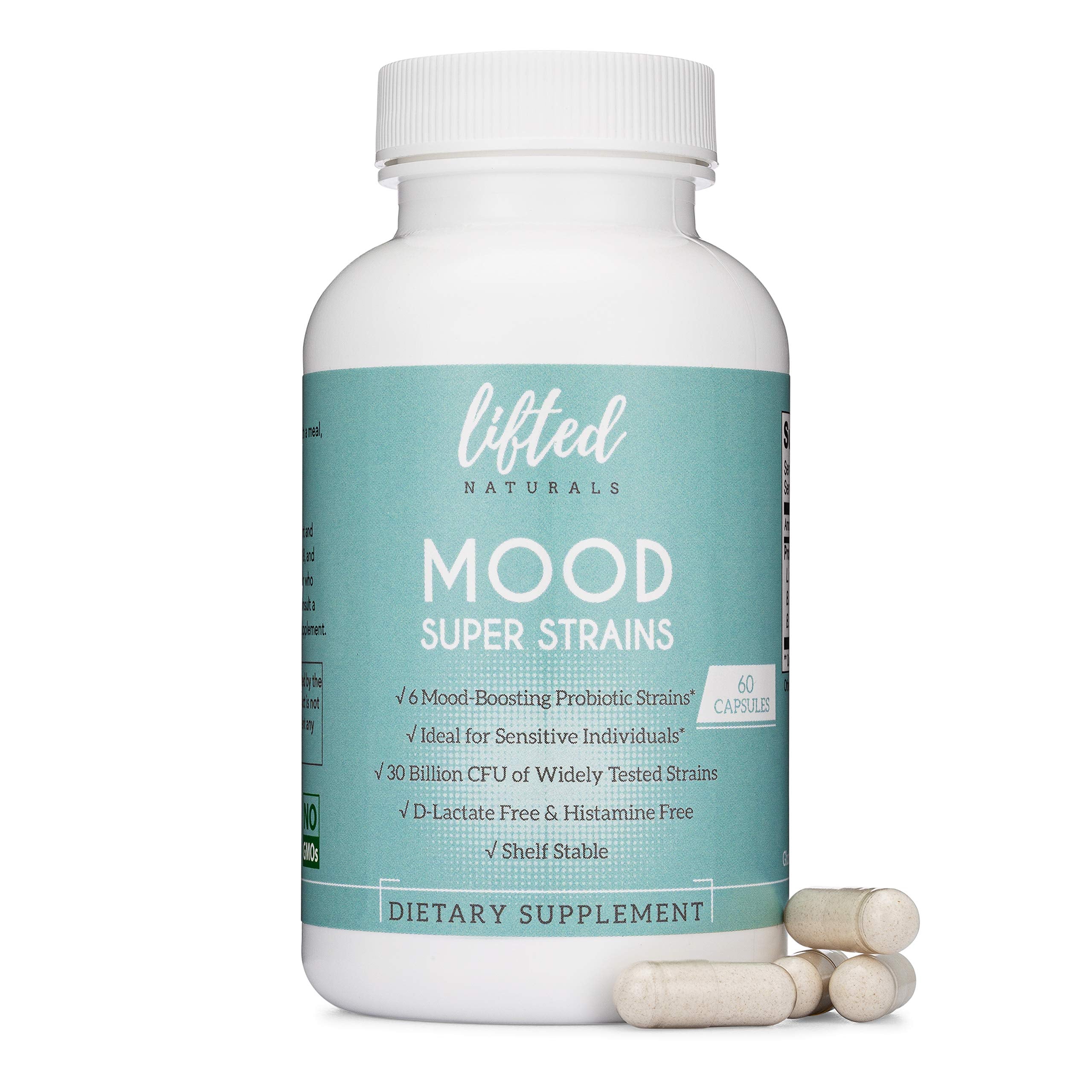 Lifted Naturals Probioticos: frasco con 60 cápsulas para apoyar ánimo y digestión.