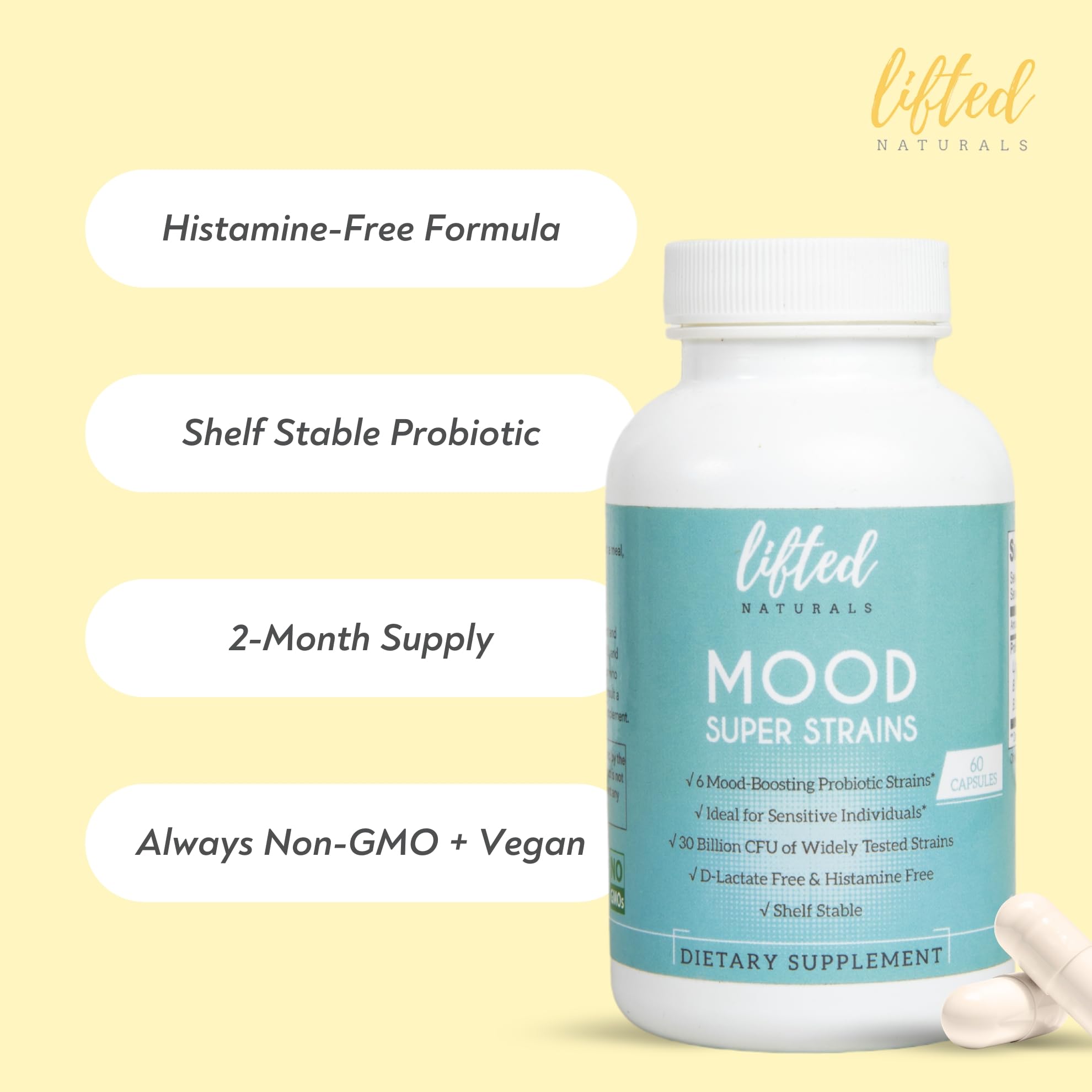 Lifted Naturals Probioticos: frasco estable sin necesidad de refrigeración.