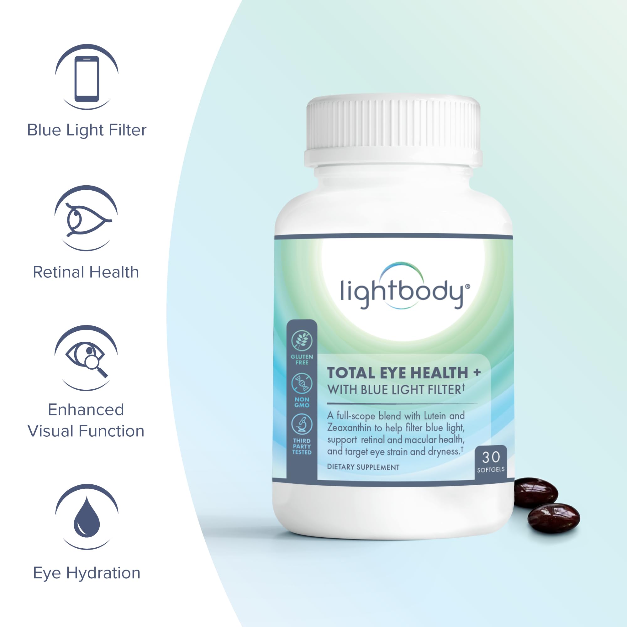 Etiqueta de Lightbody Total Eye Health con lista de ingredientes clave