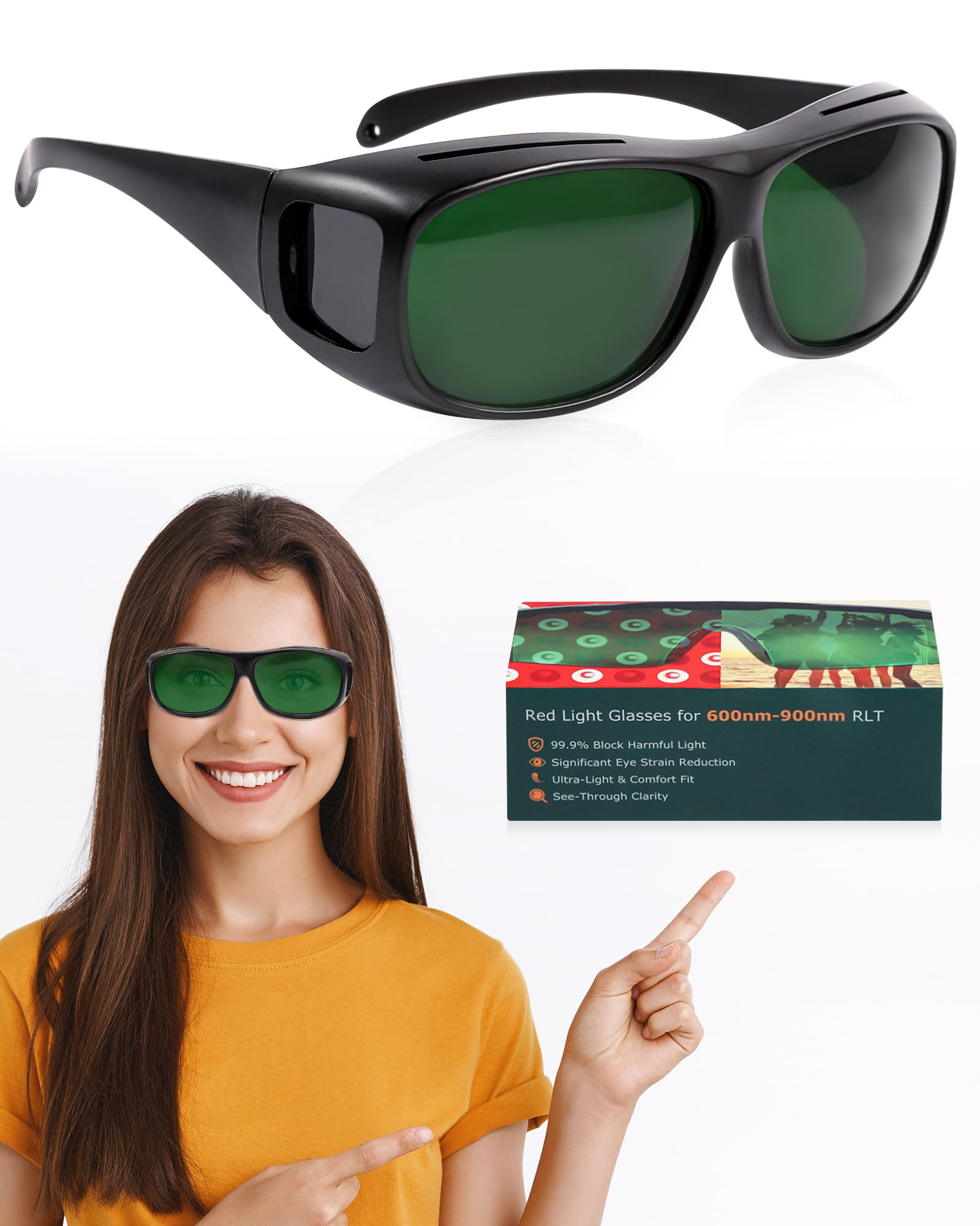 Gafas LIGHTMEUP, frente de marco negro, protección ocular durante sesiones de luz infrarroja.
