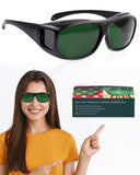 Gafas LIGHTMEUP, frente de marco negro, protección ocular durante sesiones de luz infrarroja.