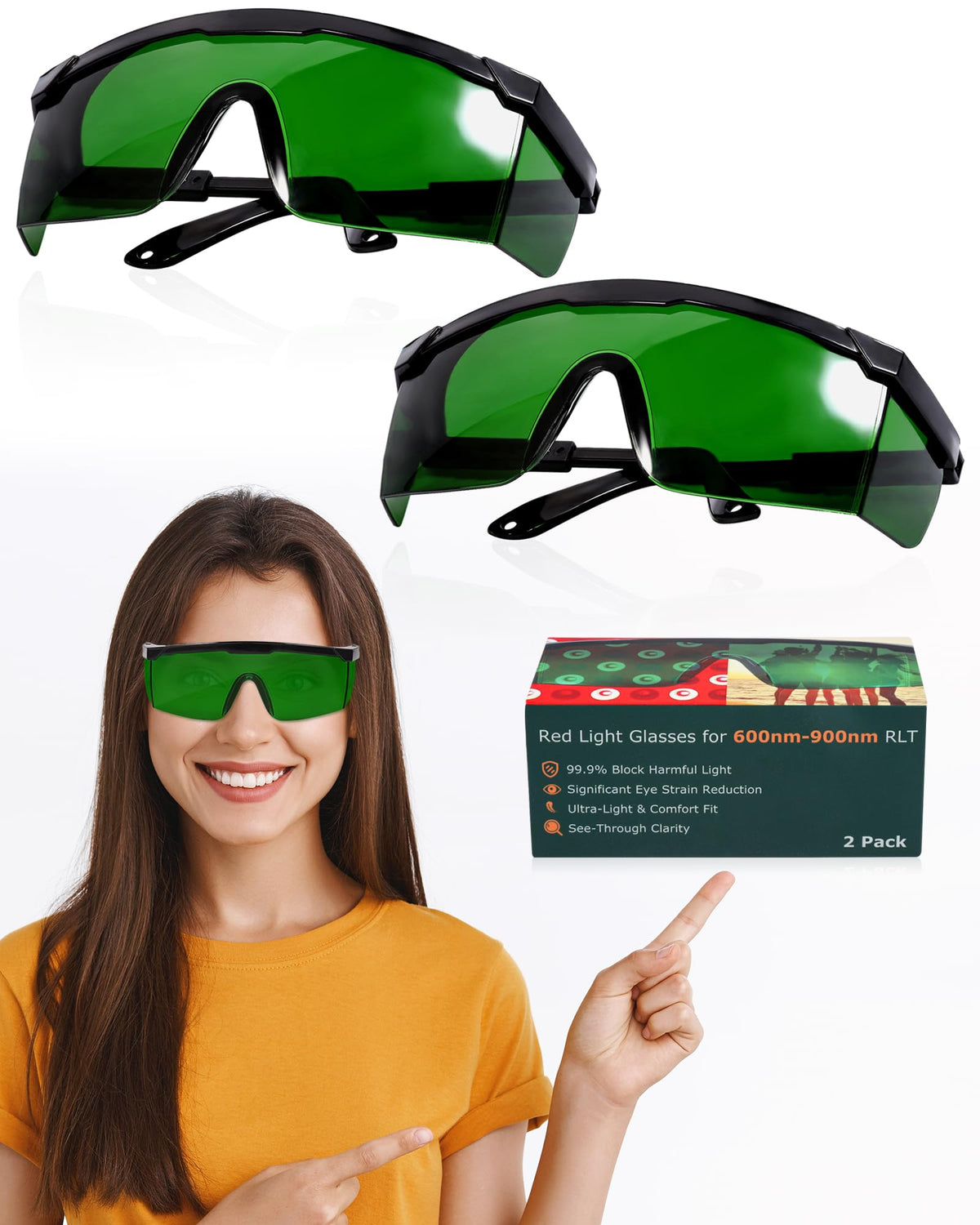 Gafas LIGHTMEUP con lentes verdes transparentes para terapia de luz, visión nítida durante sesiones