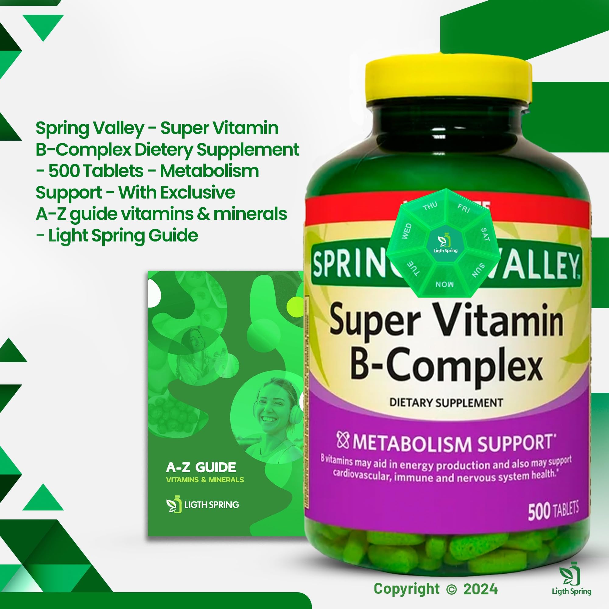 LightSpring Spring Valley B-Complex, envase de 500 tabletas para energía diaria.