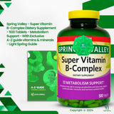 LightSpring Spring Valley B-Complex, envase de 500 tabletas para energía diaria.