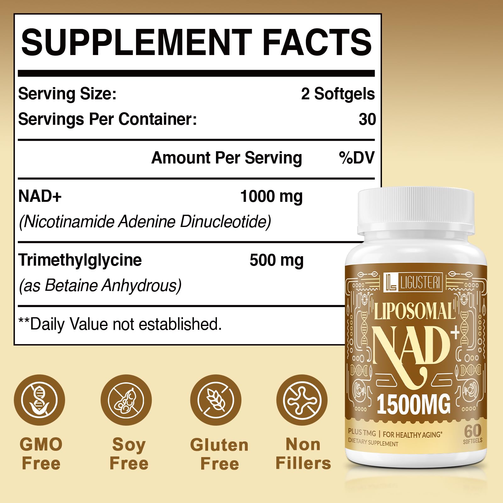 LIGUSTERI NAD liposomal con TMG, cápsula detallada para energía.