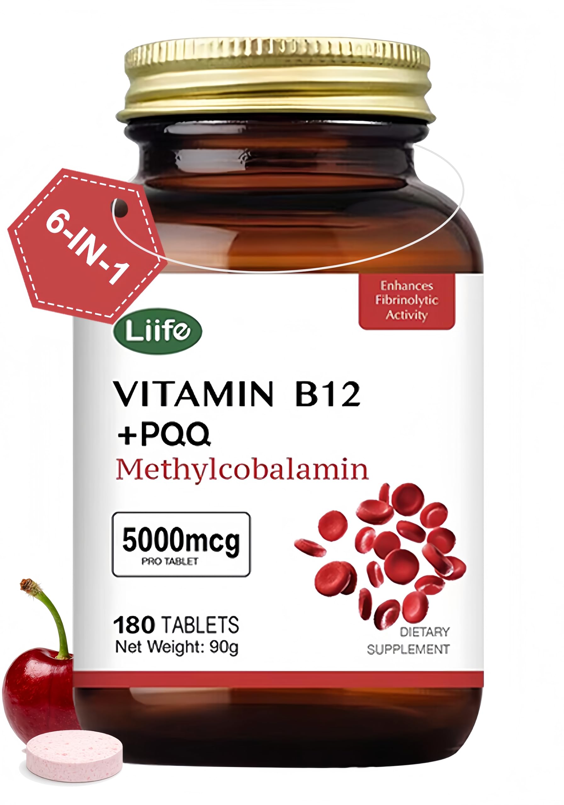 LIIFE tabletas sabor cereza con metilcobalamina y PQQ, posible apoyo a energía celular.