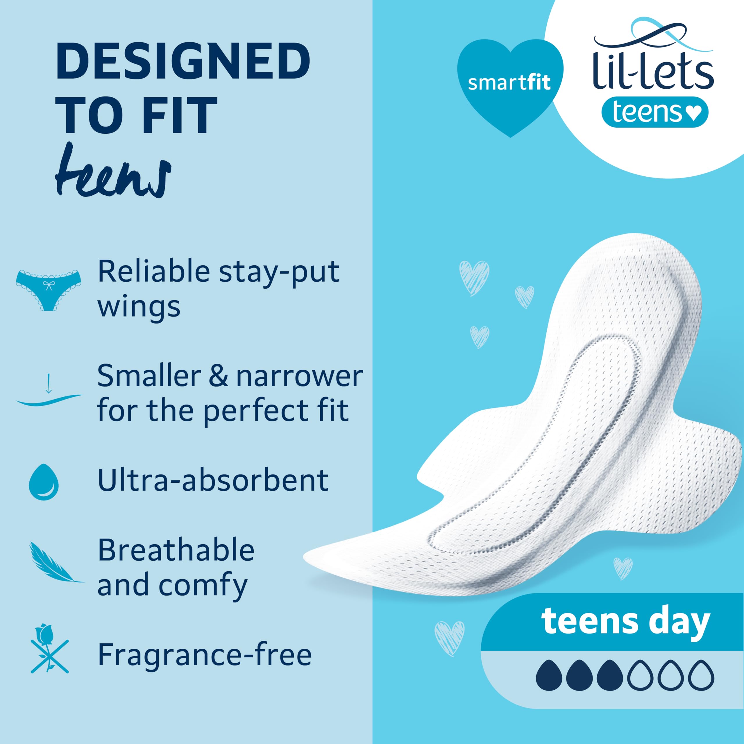 Lil-Lets Teens Day Pads con alas, diseño delgado para mayor comodidad