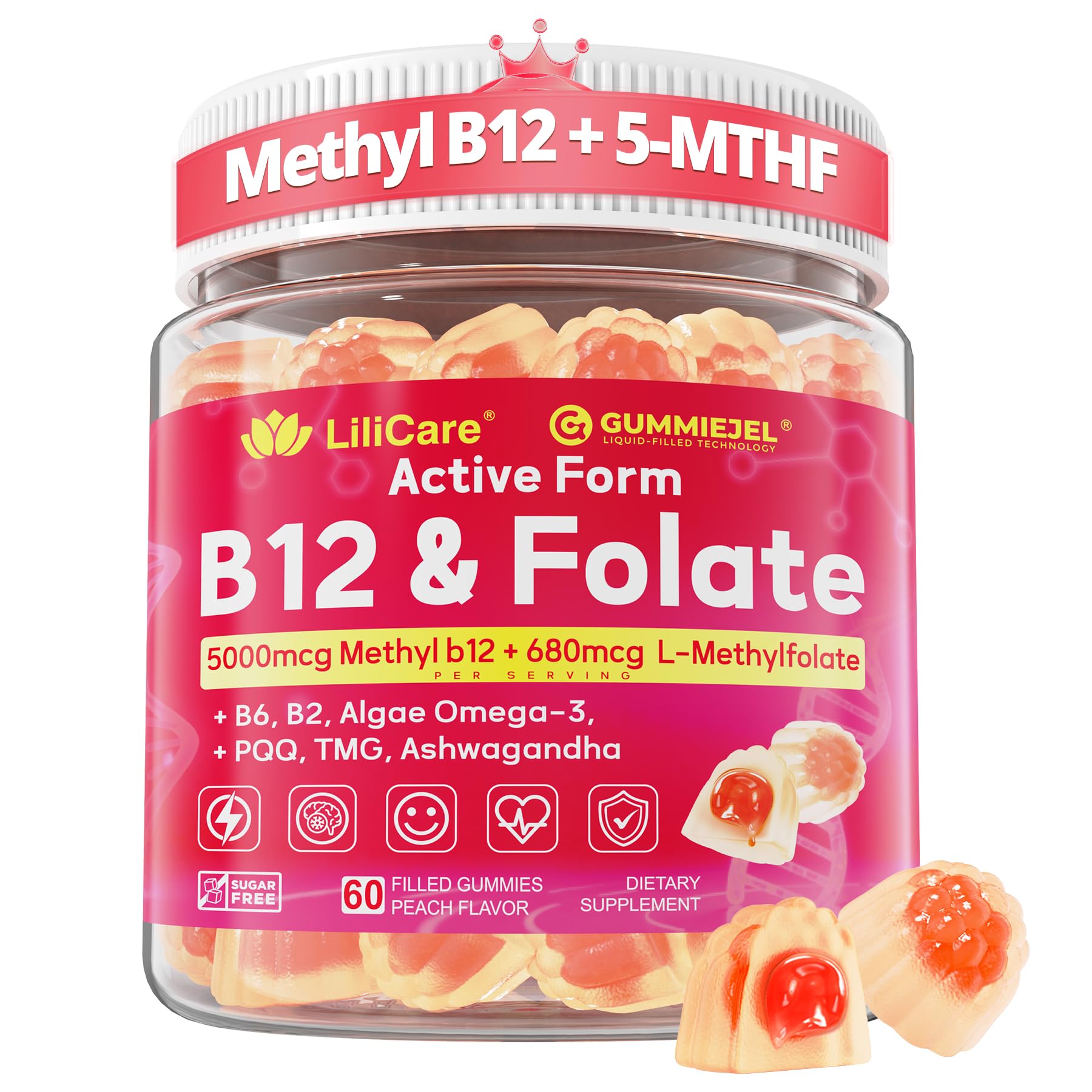 Gomitas Lilicare B12 metilado y L-metilfolato en botella, posible impulso de energía.