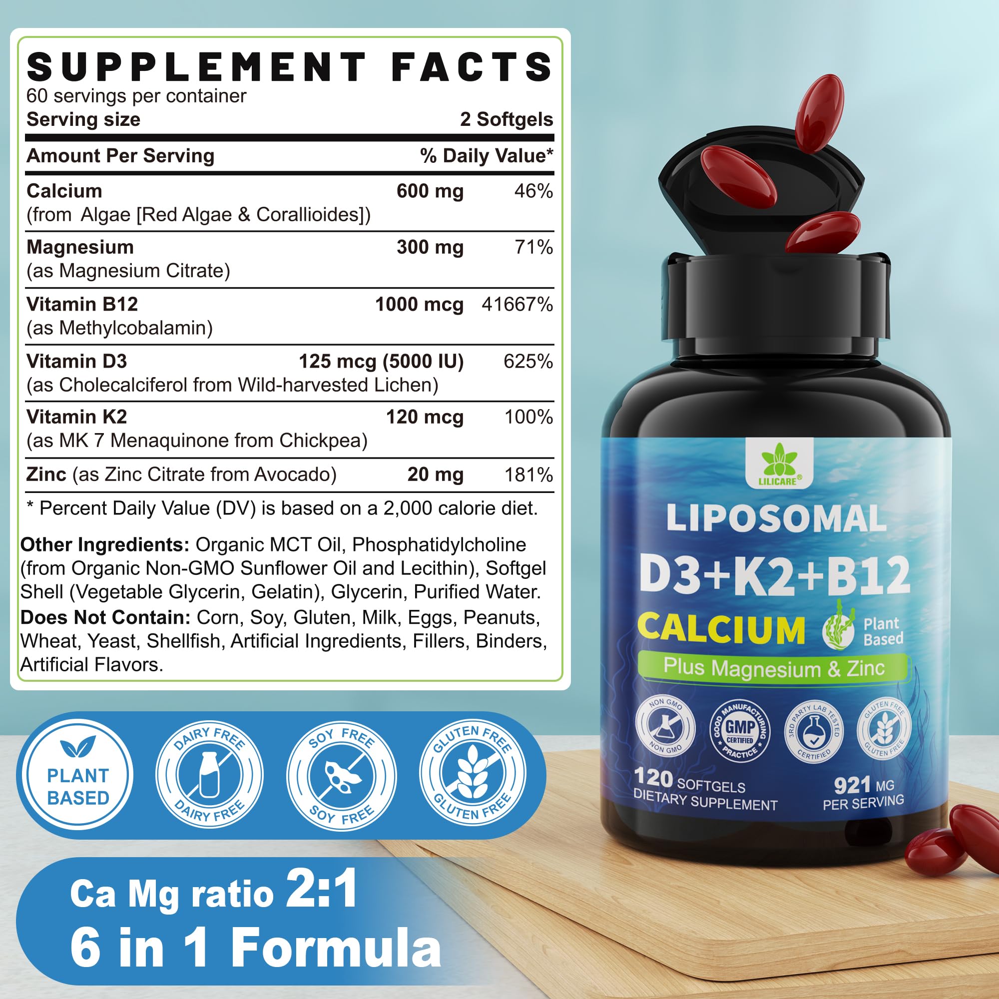 LILICARE cápsulas liposomales D3 y K2, fáciles de tragar.