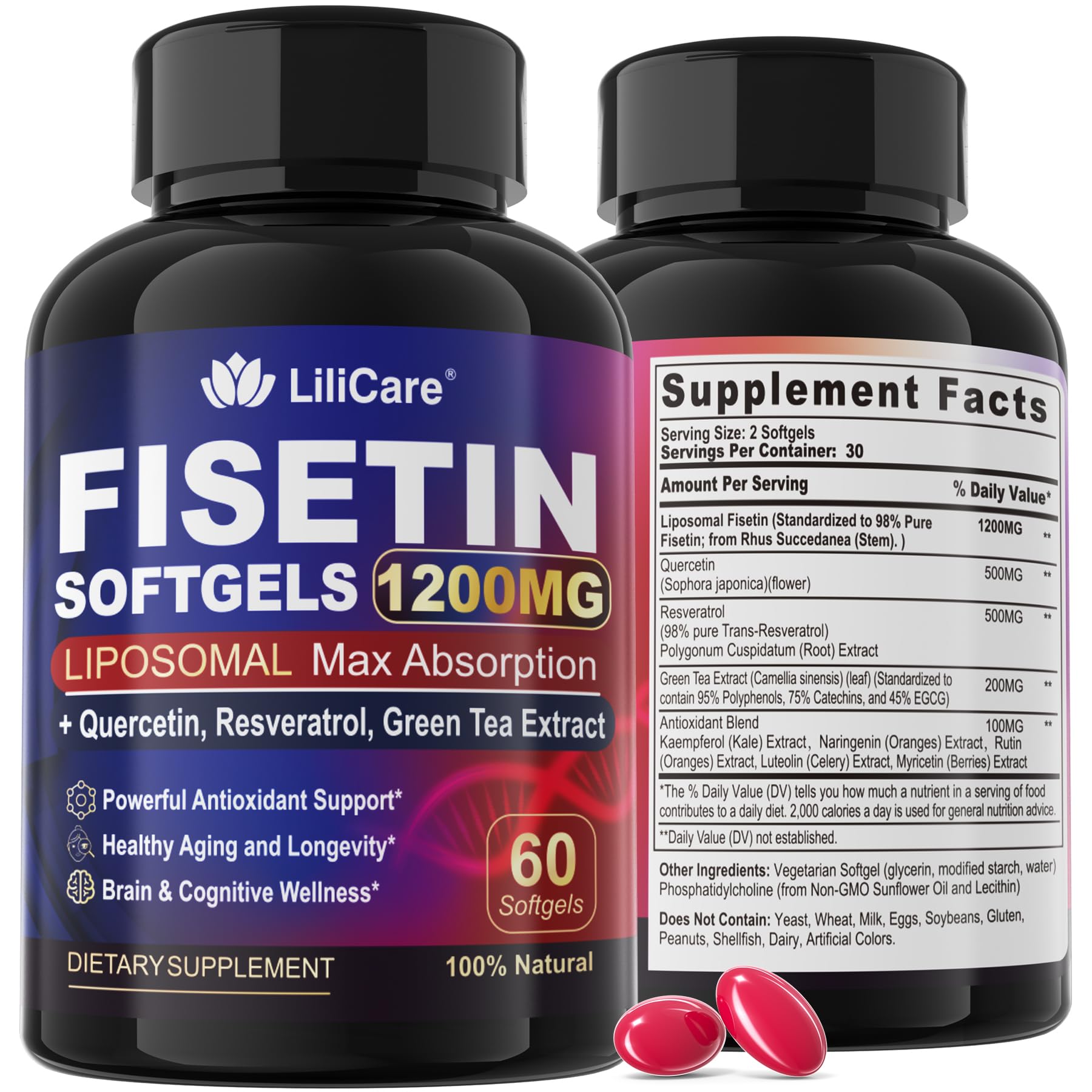 LILICARE Fisetin en frasco con cápsulas blandas para envejecimiento saludable.