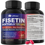 LILICARE Fisetin en frasco con cápsulas blandas para envejecimiento saludable.