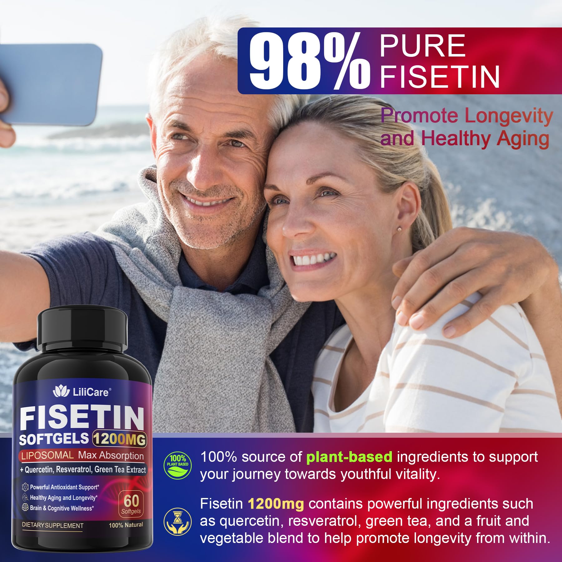 Cápsulas LILICARE Fisetin iluminadas con luz natural, apariencia suave.