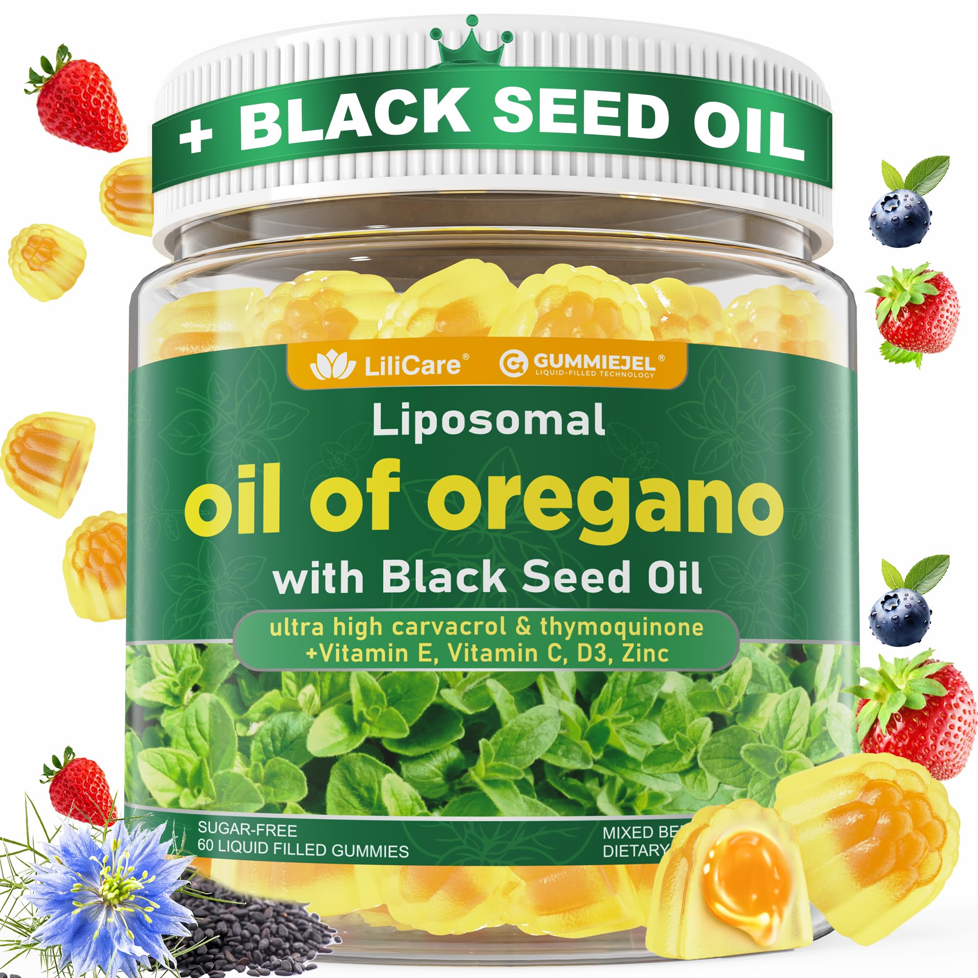 Lilicare gominolas con aceite de orégano y semillas negras en botella