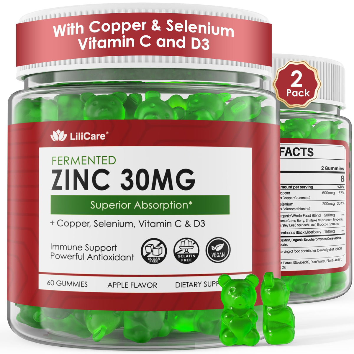 Gominolas de zinc fermentado de LILICARE en botella, apoyo inmunológico suave.