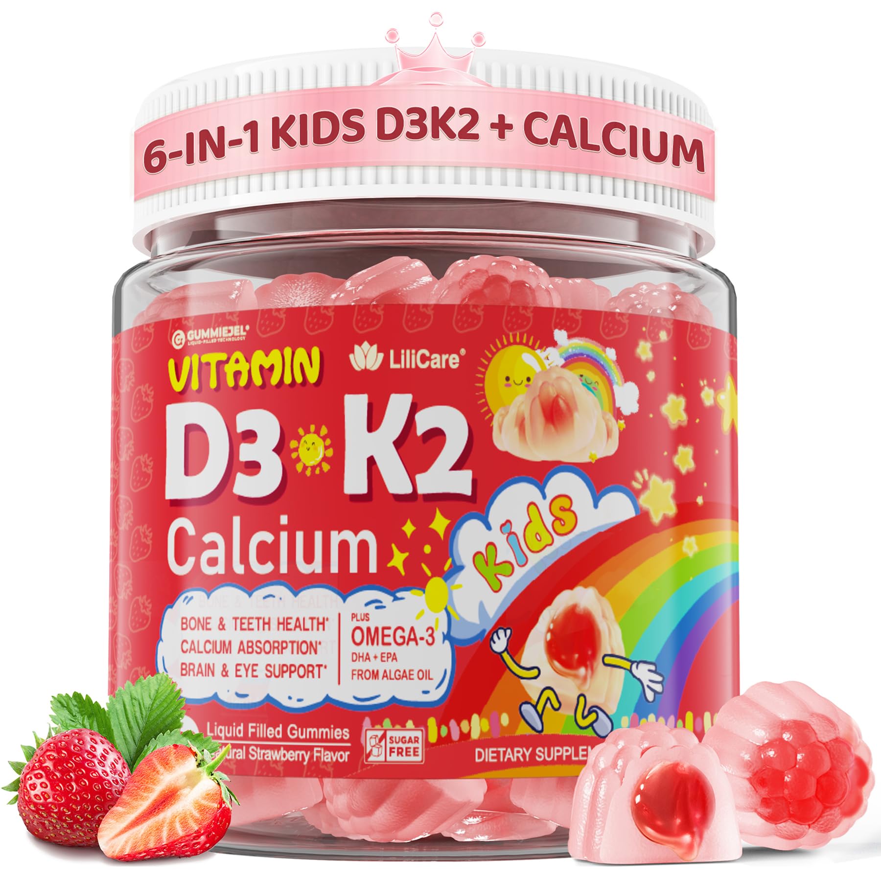 LILICARE gomitas liquidas D3K2 calcio, sabor fresa, apoyo a huesos y dientes
