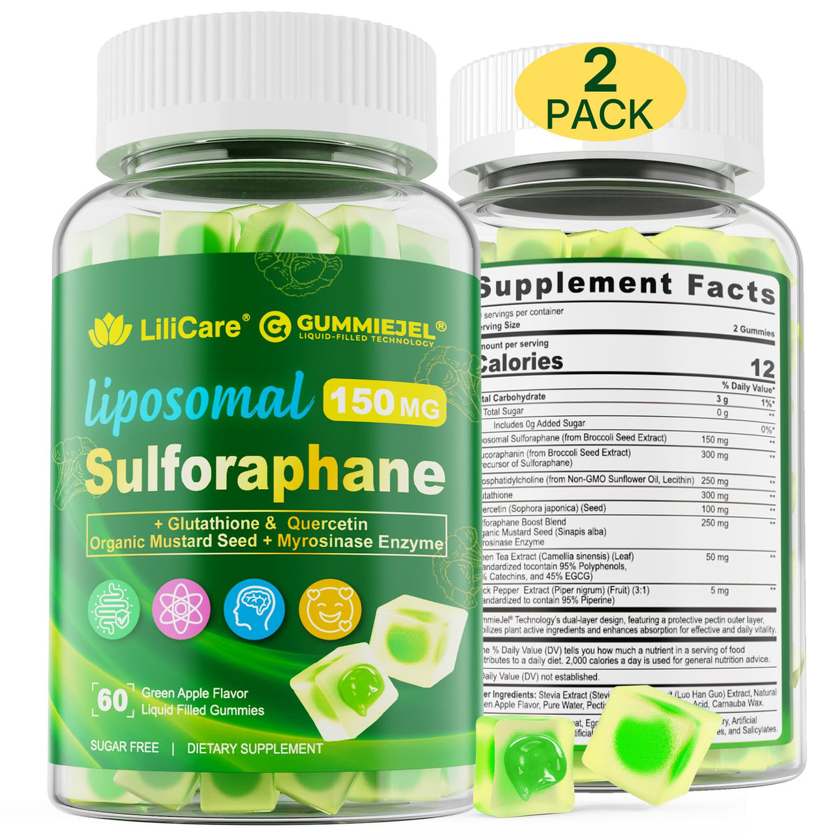 Gomitas liposomales de sulforafano LILICARE en frasco, apoyo antioxidante diario.