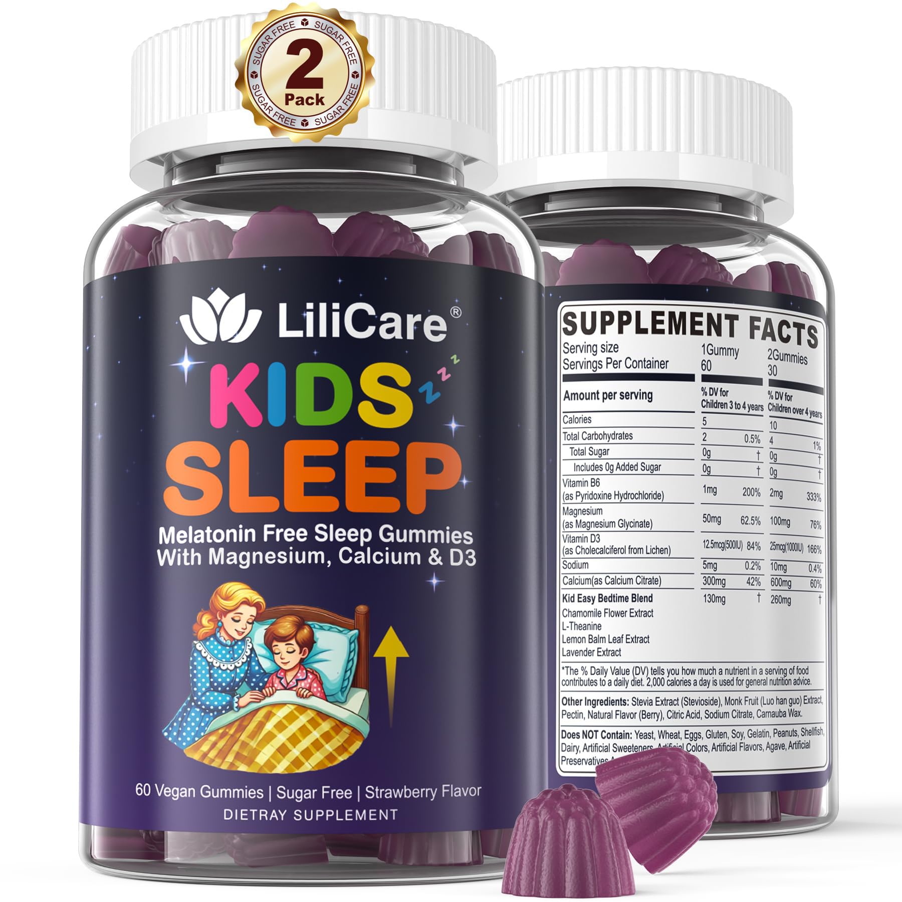 LILICARE Kids Sleep Gummies en la botella, opción suave para el descanso nocturno.
