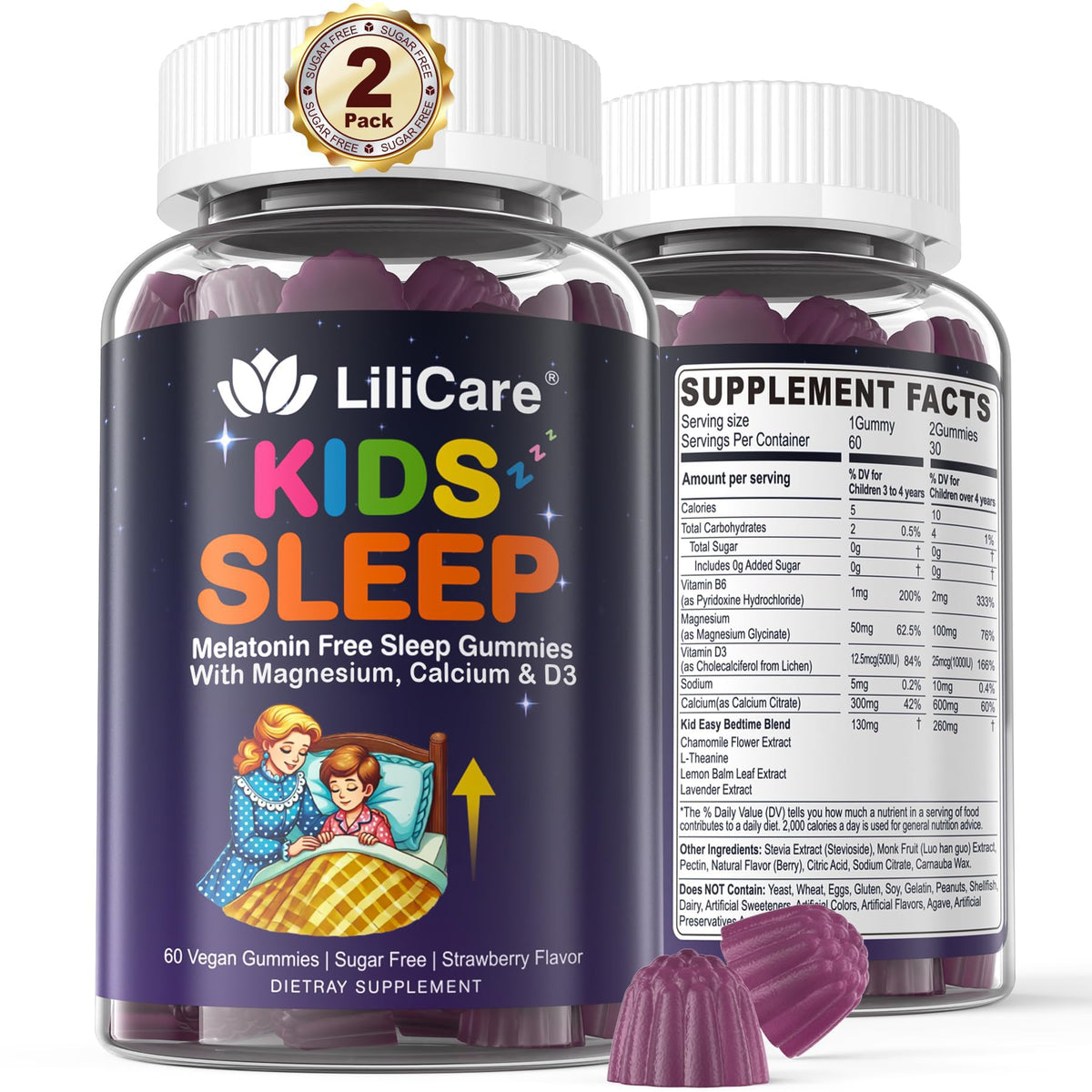 LILICARE Kids Sleep Gummies en la botella, opción suave para el descanso nocturno.