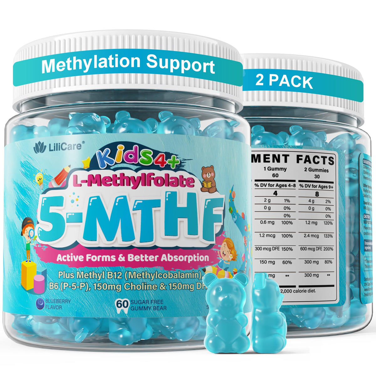 Gomitas LILICARE L-Methylfolate para niños en botella, apoyo diario para concentración.