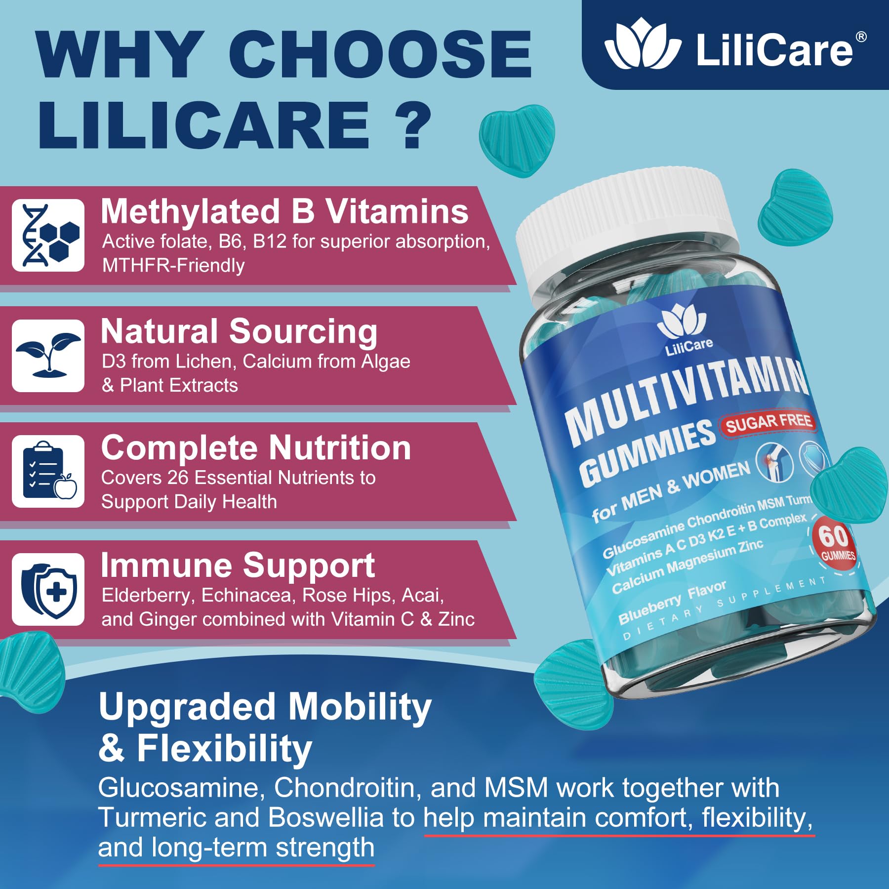 Mezcla inmunidad Lilicare con saúco, echinácea y jengibre para apoyo antioxidante.