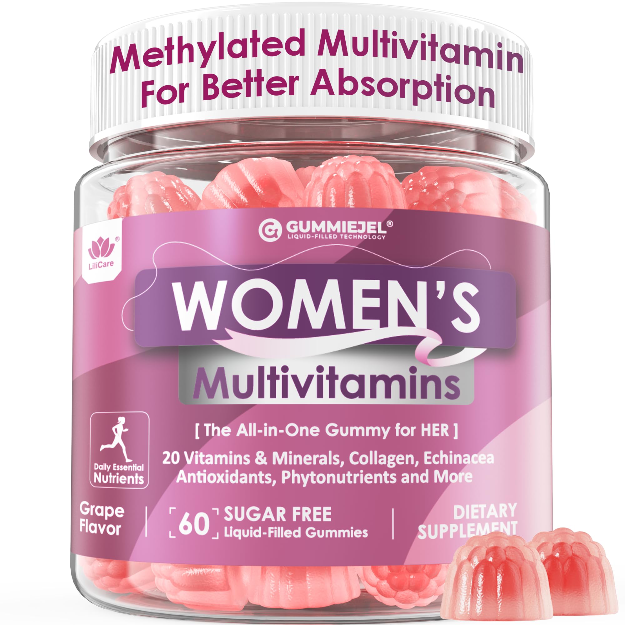 Gomitas Lilicare para mujer en botella, apoyo diario de energía y bienestar general.