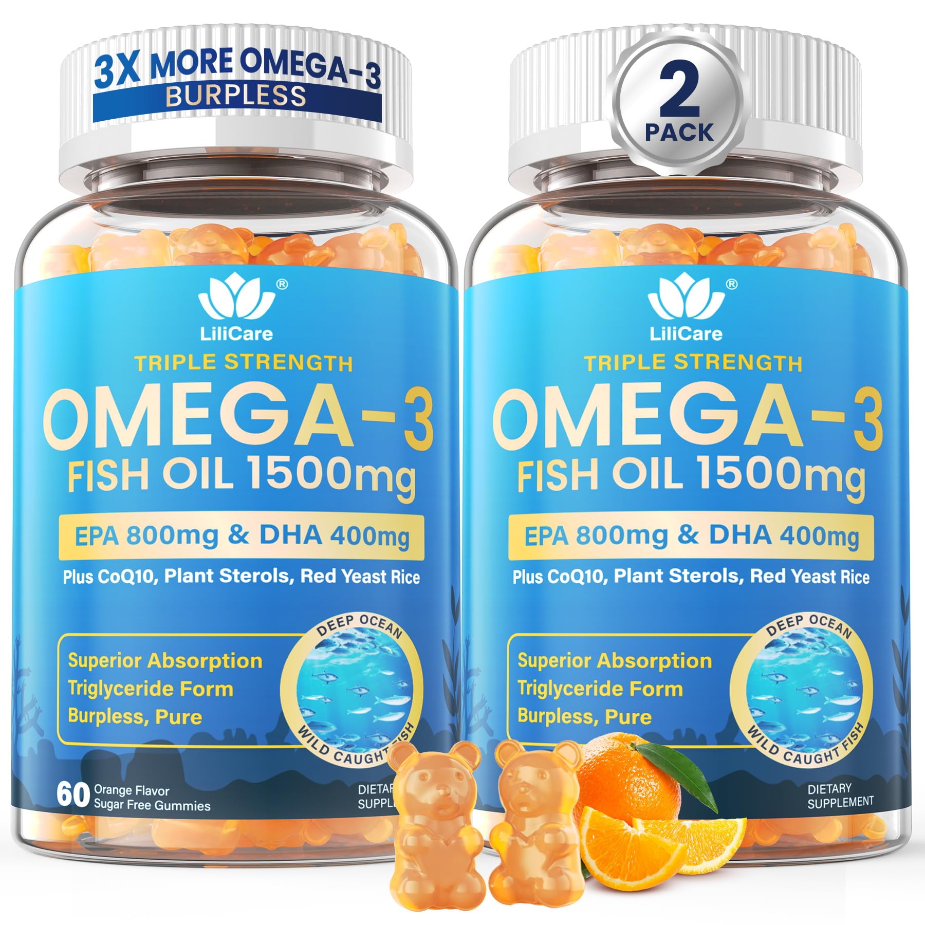 Lilicare gominolas omega-3 de alta potencia en botella para bienestar diario.