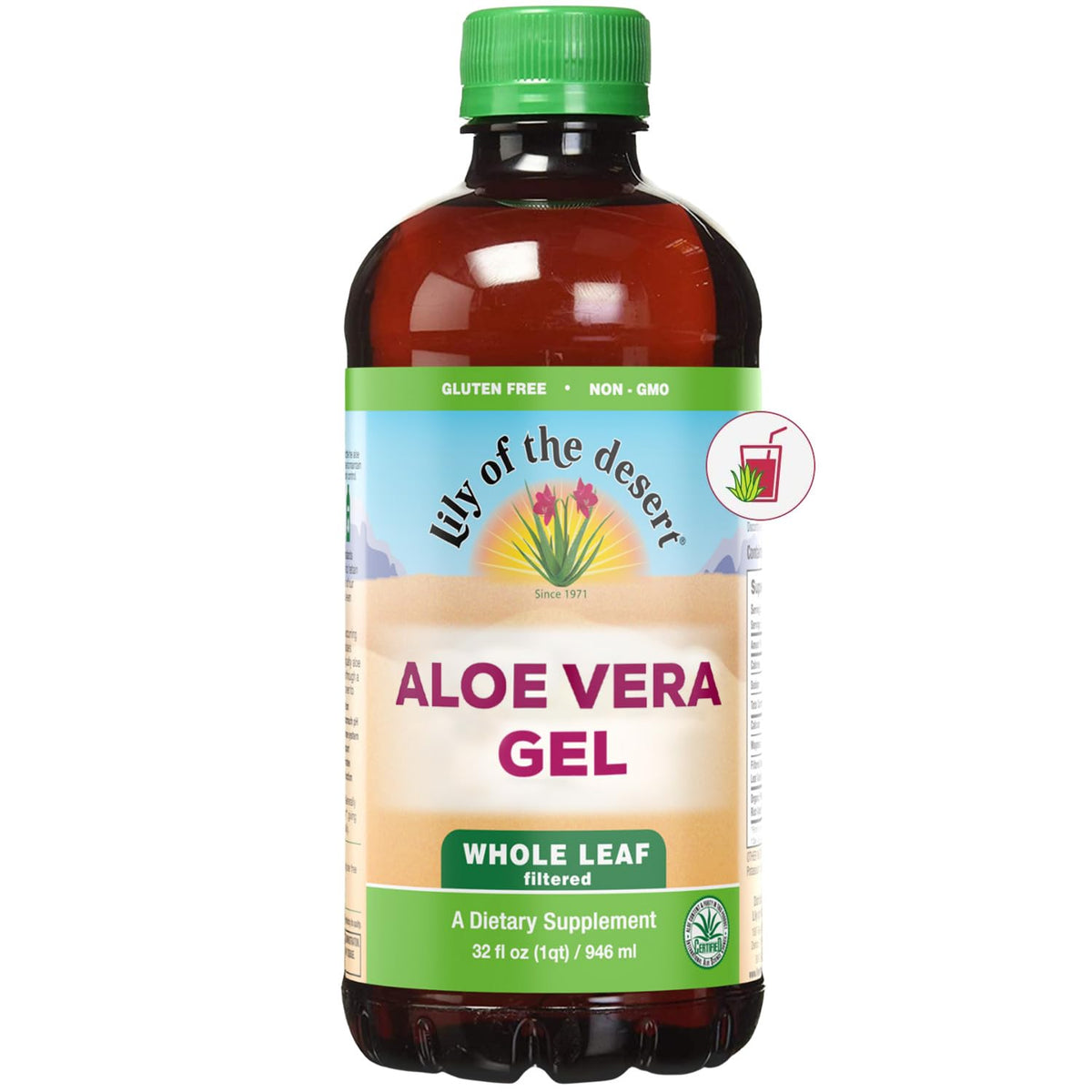 Lily Of The Desert Aloe Vera Gel, botella vertida, apoyo suave para bienestar diario.