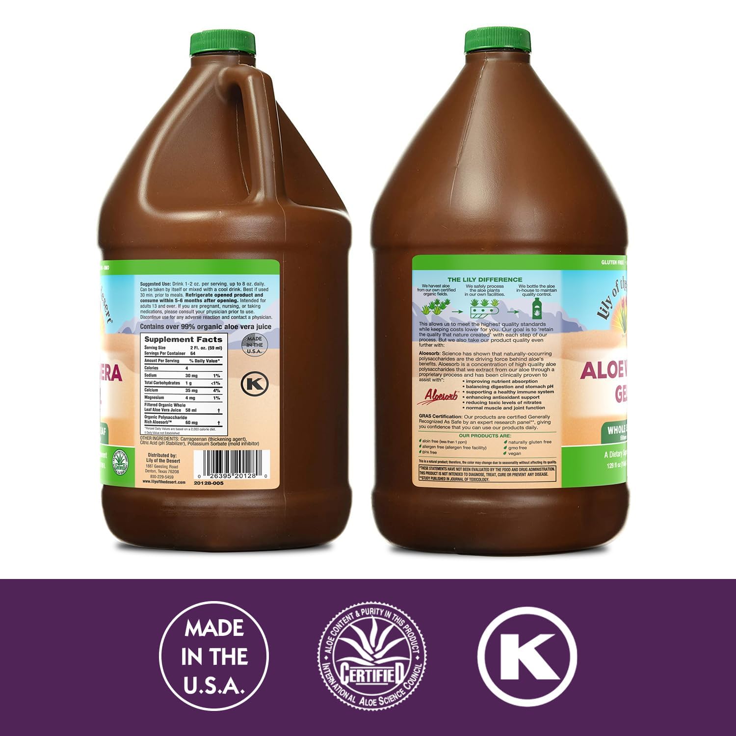 Envase grande de Lily Of The Desert Aloe Gel de 128 oz para uso diario.