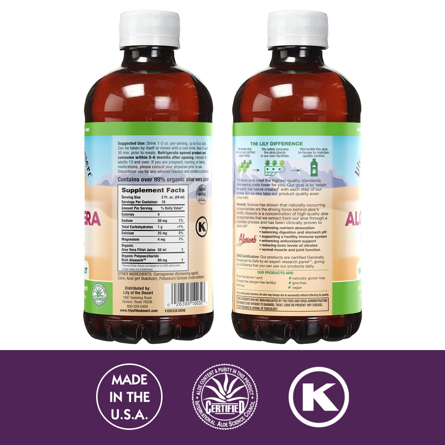 Lily of the Desert Aloe Vera Jugo, etiqueta natural visible para uso diario