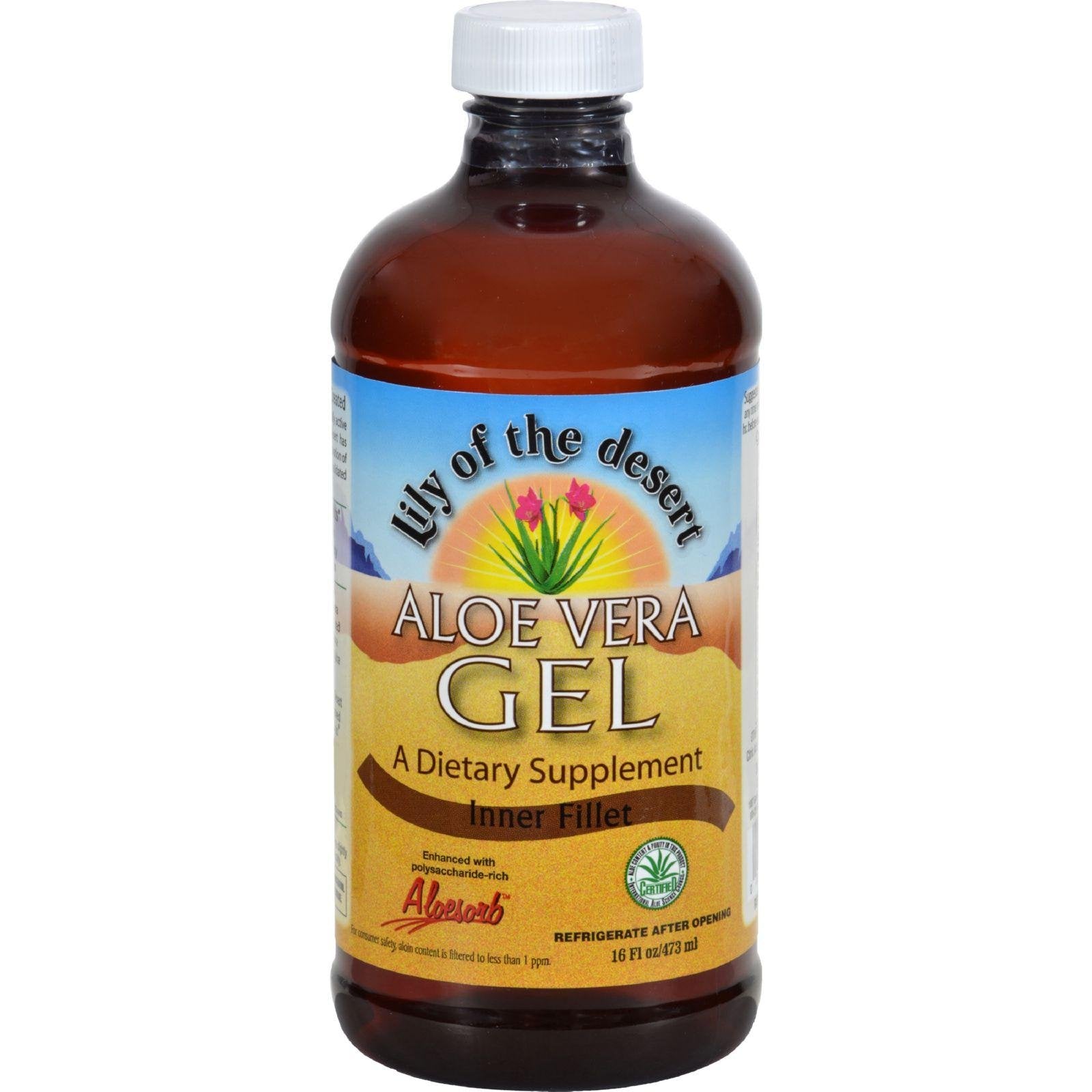 Lily Of The Desert Aloe Vera Gel 16 onzas, botella, apoyo digestivo suave y bienestar diario.