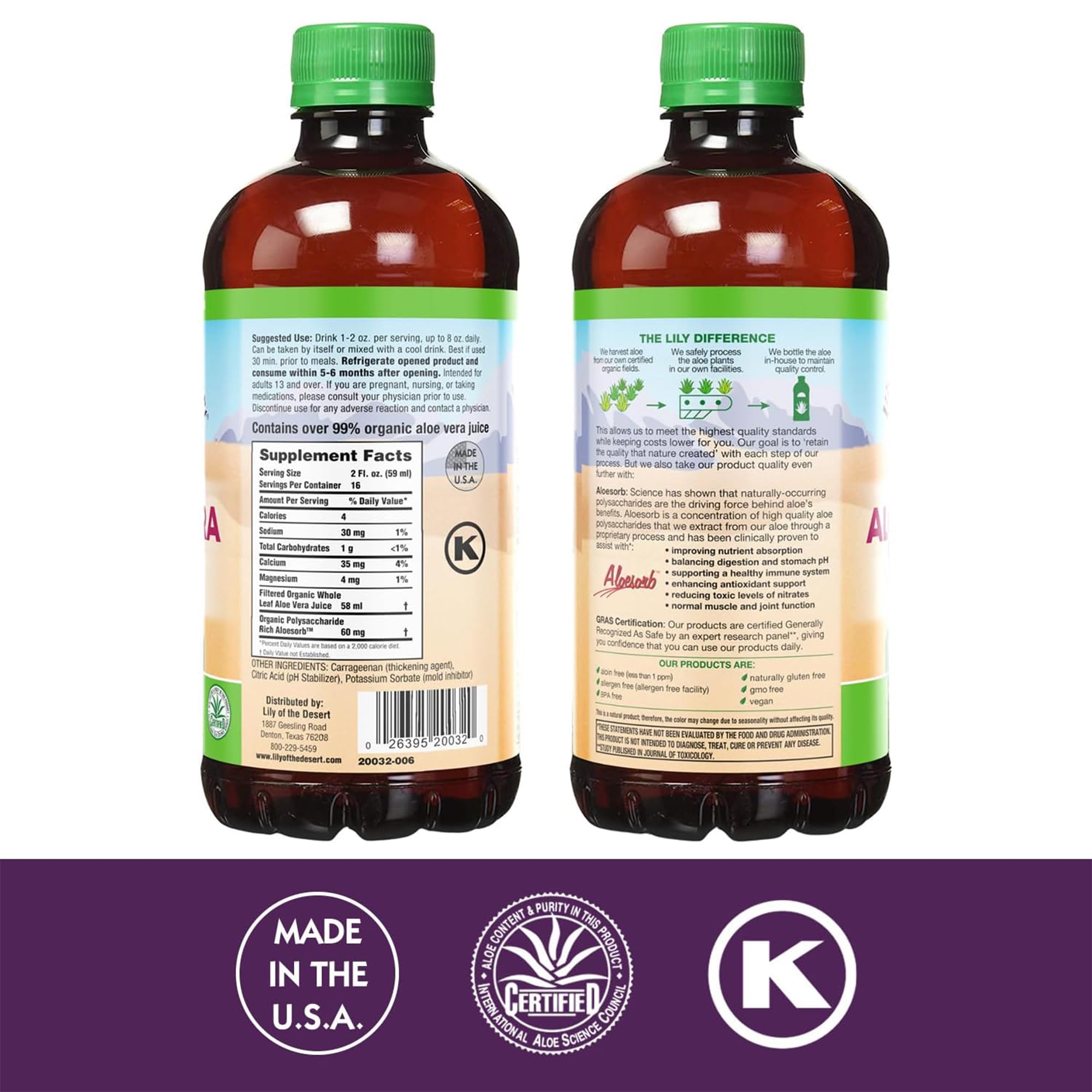 Etiqueta de Lily Of The Desert Aloe Vera Juice resaltando Aloesorb y pureza.