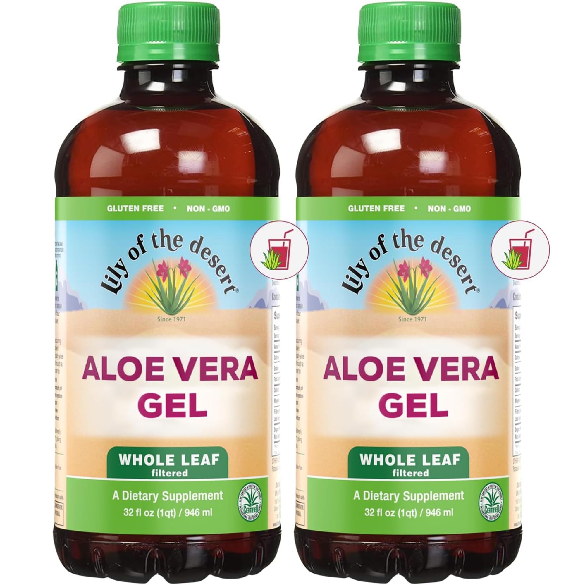 Lily Of The Desert Aloe Vera Juice, botella 2-pack con hoja entera filtrada para consumo diario.