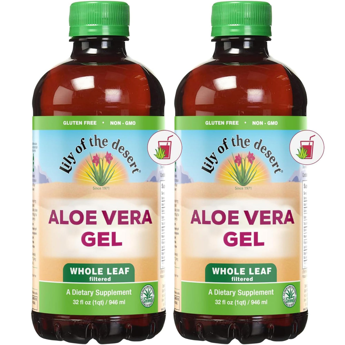 Lily Of The Desert Aloe Vera Juice, botella 2-pack con hoja entera filtrada para consumo diario.