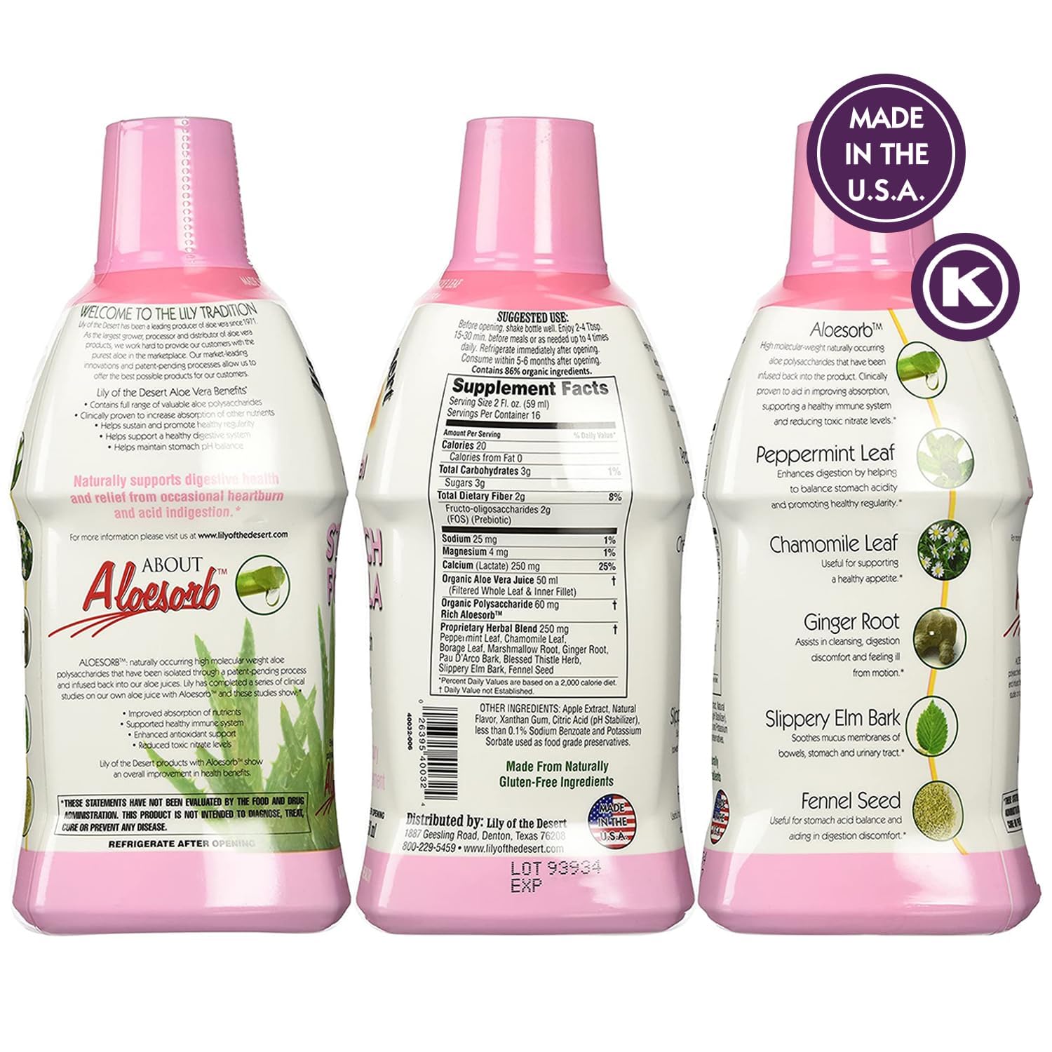 Lily of the Desert Fórmula Estómago: ingredientes herbales que apoyan la digestión.