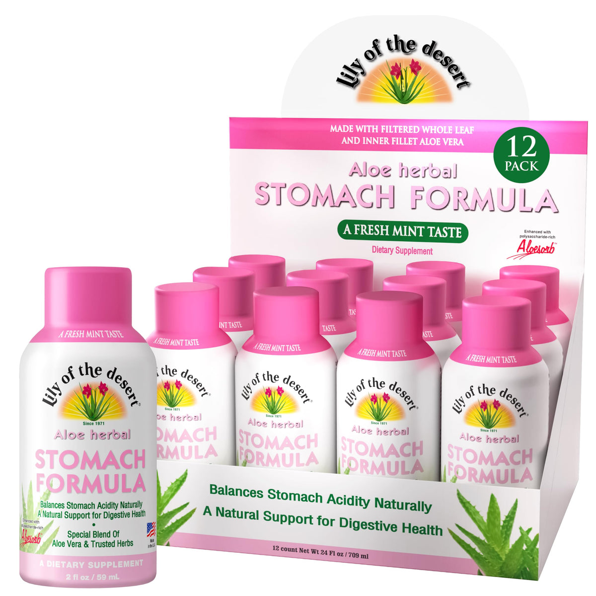 Lily of the Desert Fórmula Estomago frasco: aloe orgánico para apoyo digestivo diario.