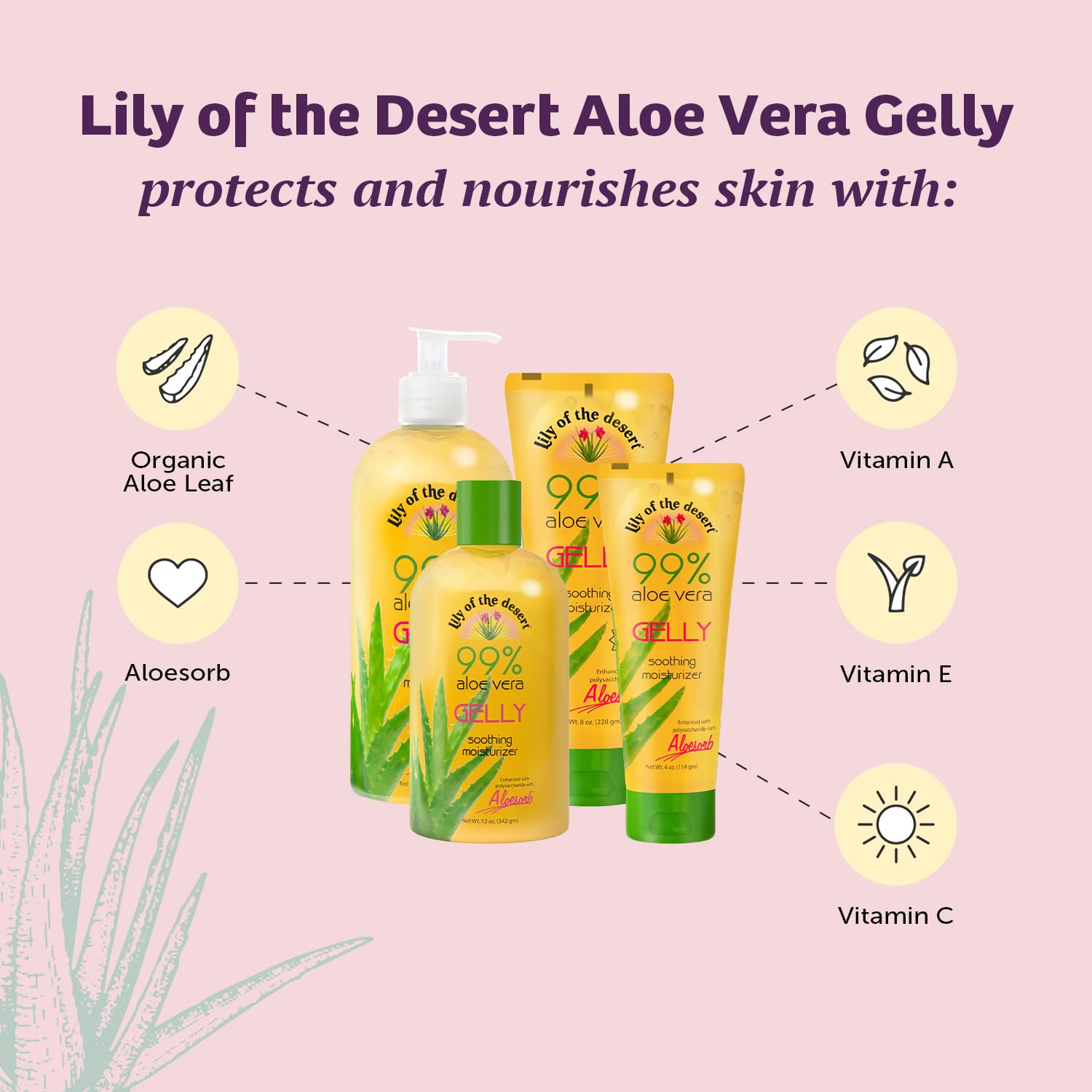 Lily Of The Desert Gelly Moisturizer, ingredientes con aloe y vitaminas para reparación suave.