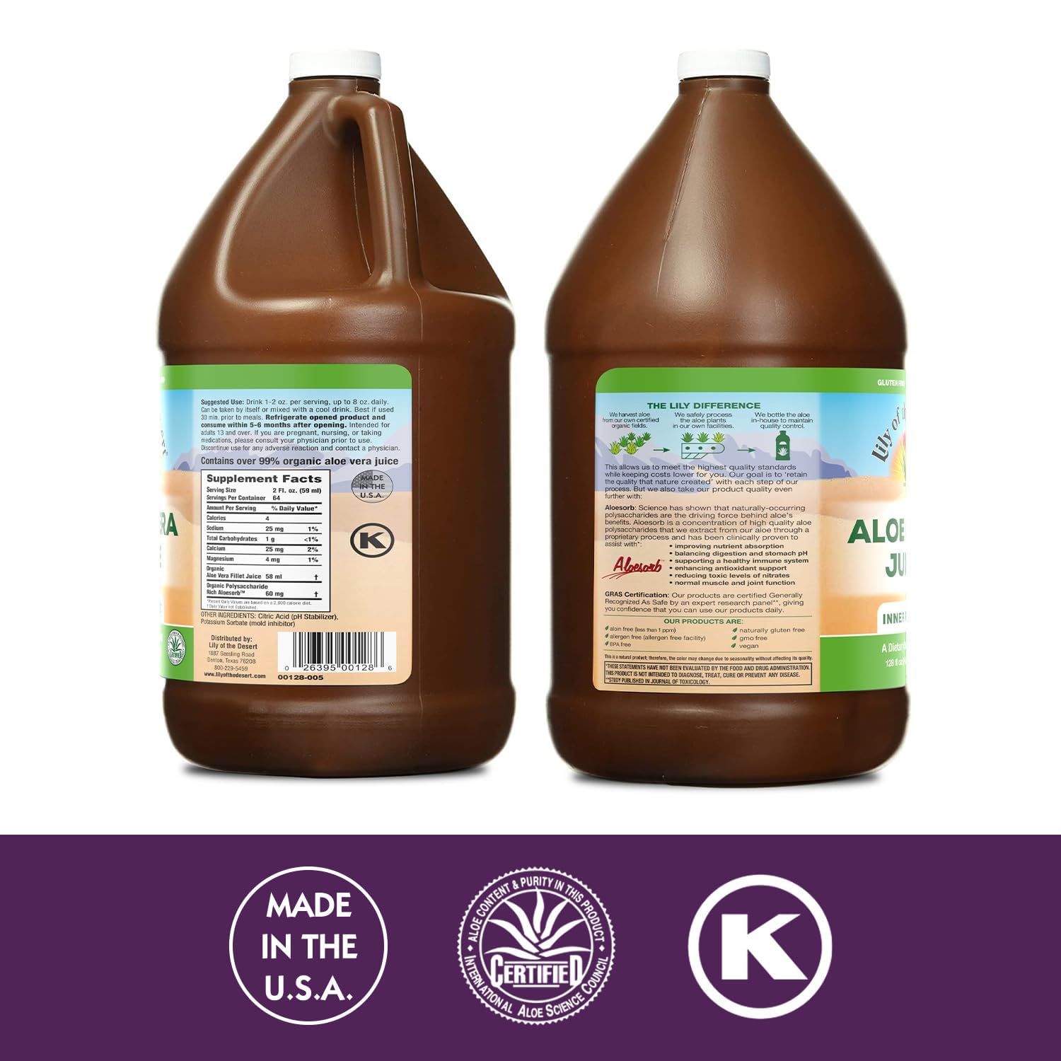 Lily of the Desert: jugo orgánico de aloe vera en frasco para fácil consumo.