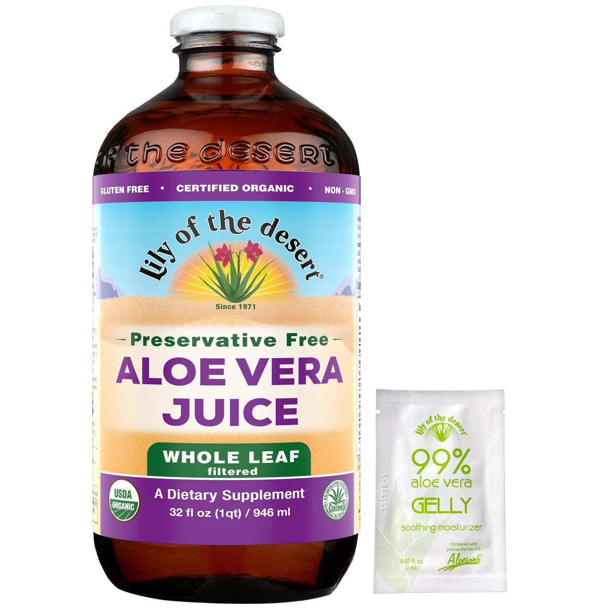 Lily Of The Desert Jugo Aloe Vera sin conservantes, sabor suave para consumo diario.