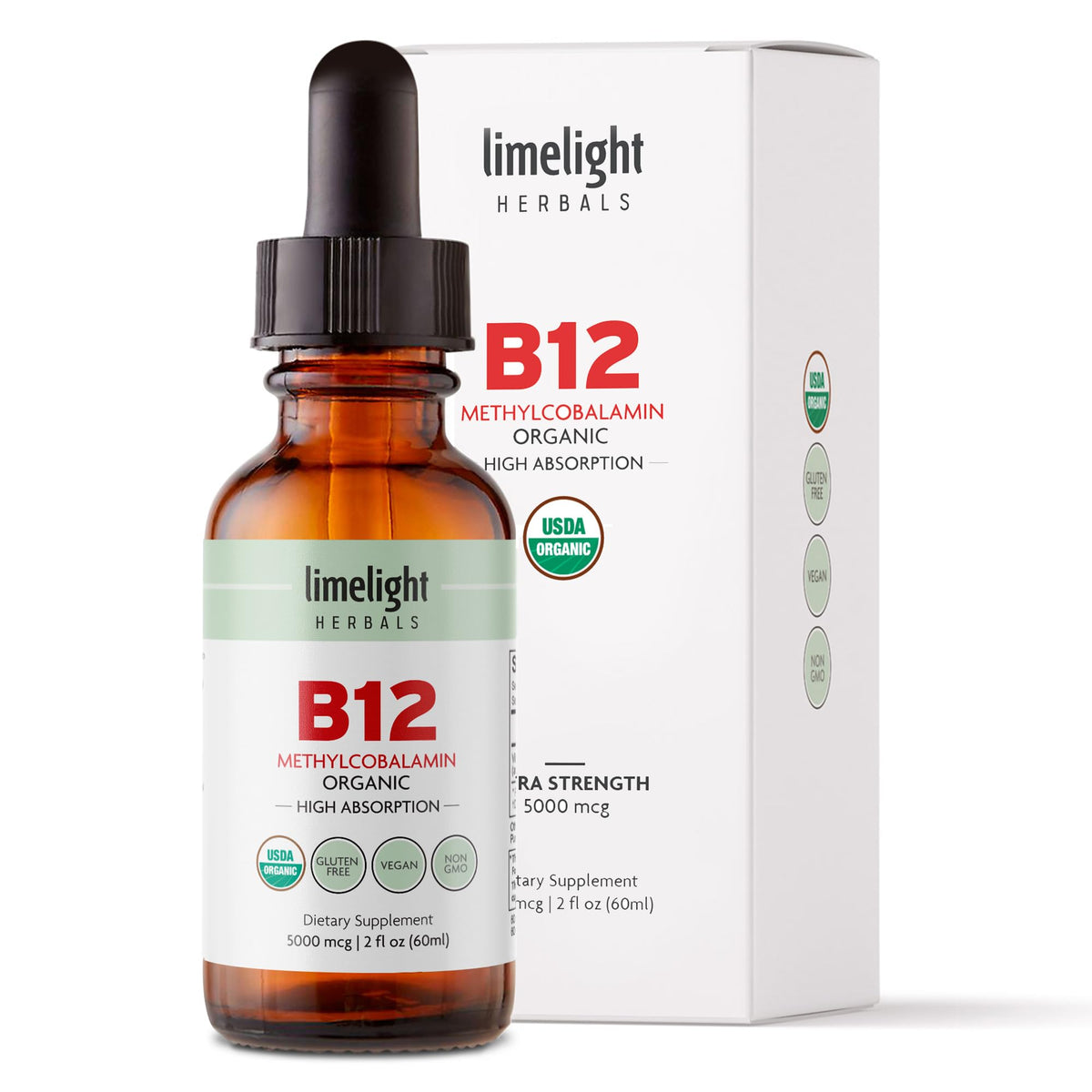 Gotas LIMELIGHT HERBALS B12 en frasco para energía sostenida
