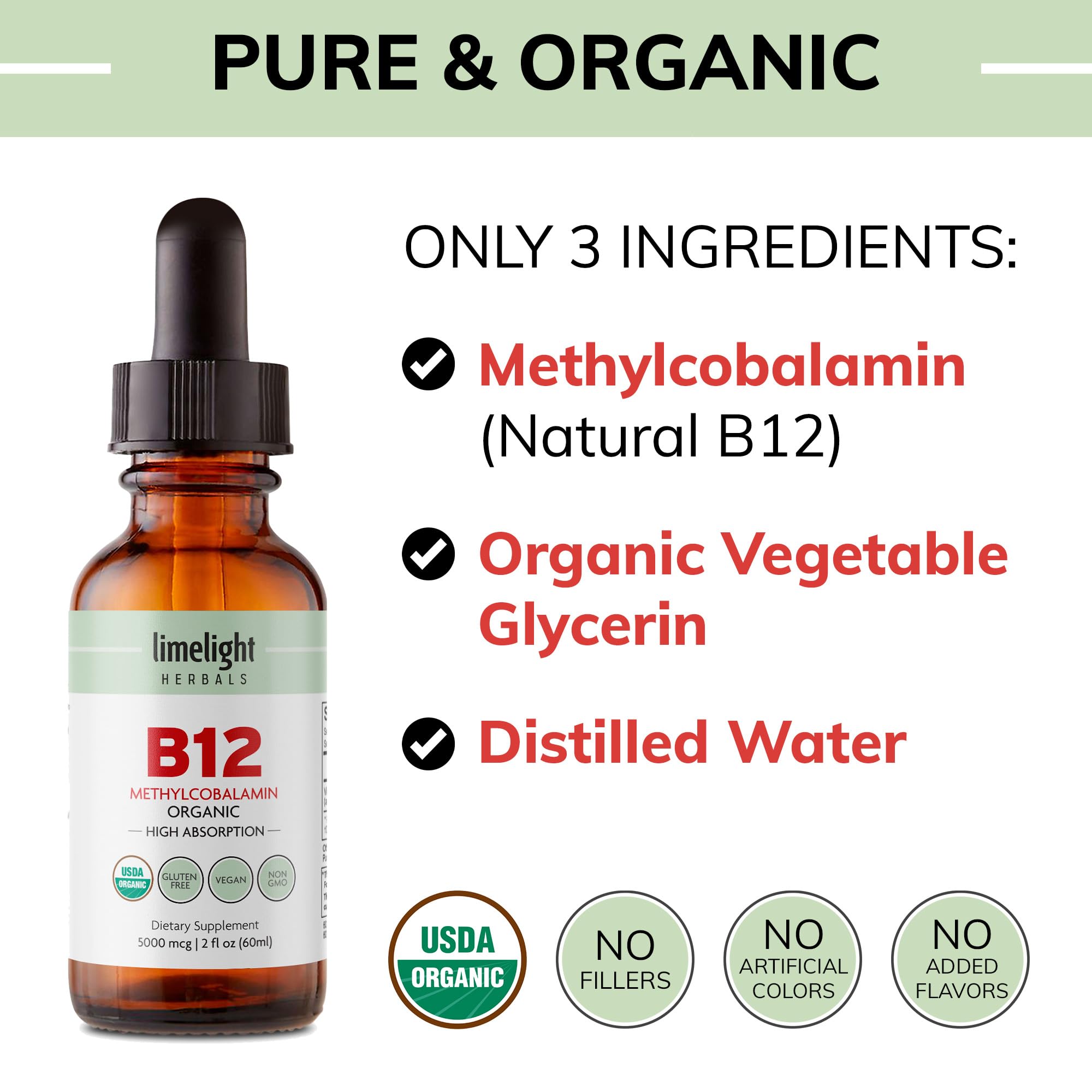 Sello hecho en EE. UU. LIMELIGHT HERBALS B12 garantiza calidad