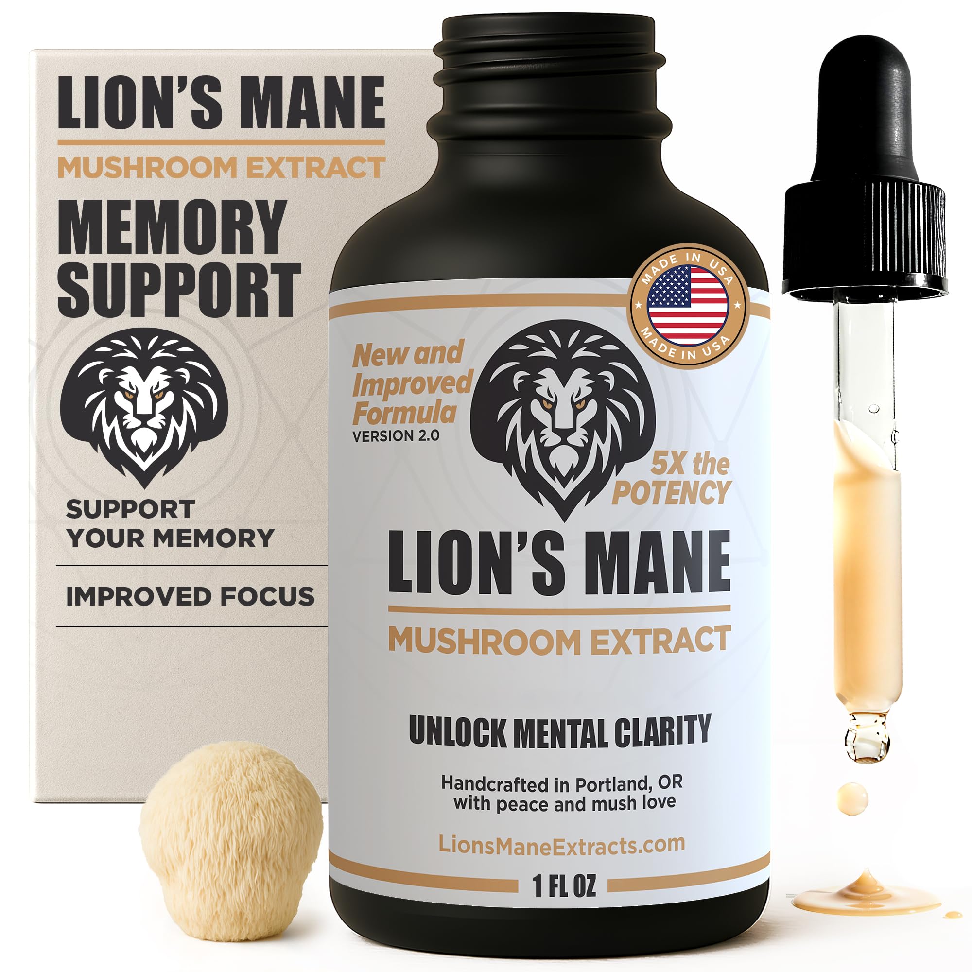 LionsManeExtracts.com: frasco con gotero de extracto de melena de león para enfoque diario.
