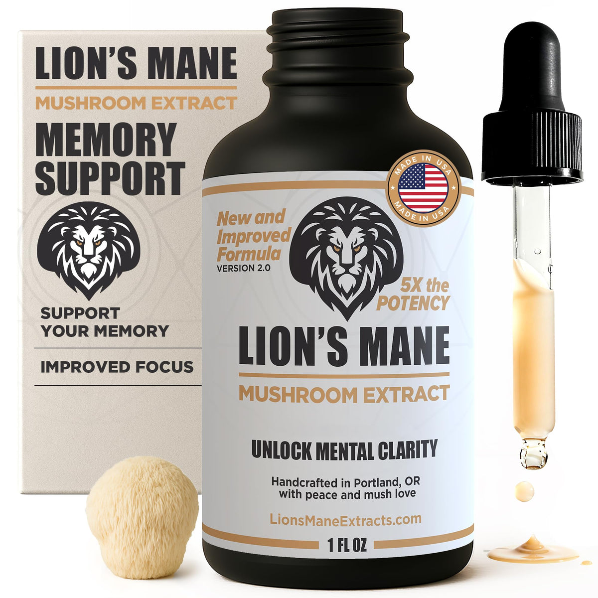 LionsManeExtracts.com: frasco con gotero de extracto de melena de león para enfoque diario.
